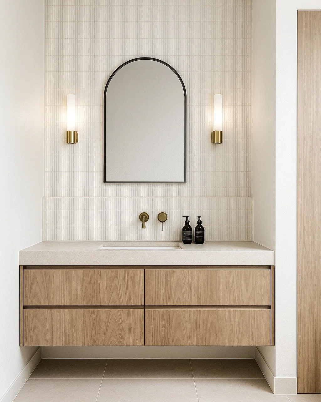 Soft oak tones, brushed brass, and subtle vertical lines create a space that feels calm, grounded, and balanced.

Designer: Denim Draper 

#CampbellsBayRenovation #BathroomDesign #MinimalBathroom #NaturalInteriors #TimberVanity #ModernSanctuary #Neut