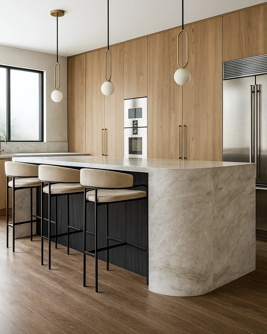 From the curved island edge to the vertical grain cabinetry, this kitchen balances softness with structure.

#KitchenDesign #InteriorArchitecture #CurvedIsland #ModernJoinery #MaterialMatters #LuxuryKitchen #WarmMinimalism #ContemporaryInteriors #NZ 