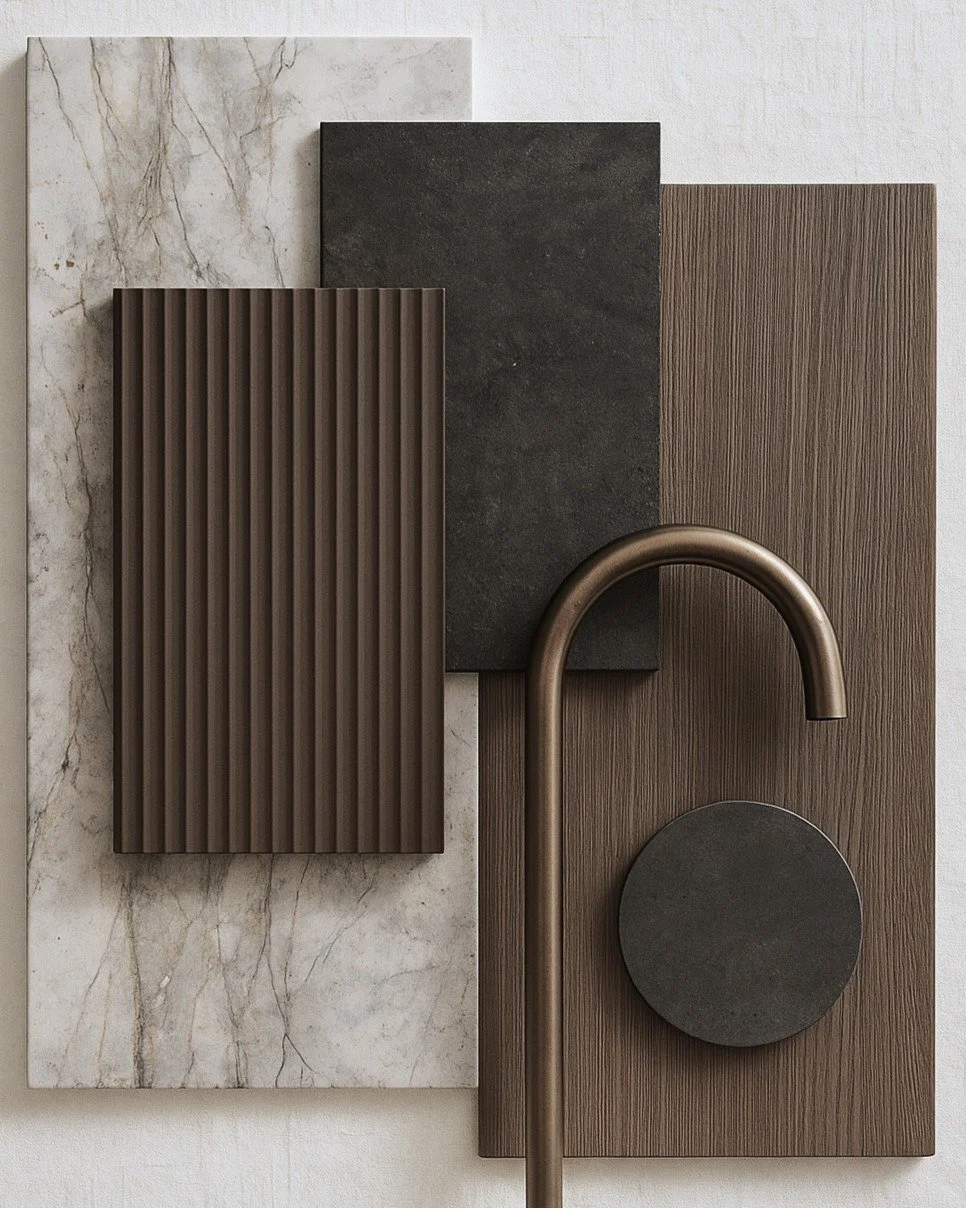 Brushed bronze, veined stone, dark timber, and soft neutrals &mdash; a palette of grounded sophistication.

#MaterialBoard #InteriorInspo #WarmNeutrals #ModernTextures #DesignMood #BronzeDetails #NaturalPalette #InteriorStyling #StoneAndTimber #Textu