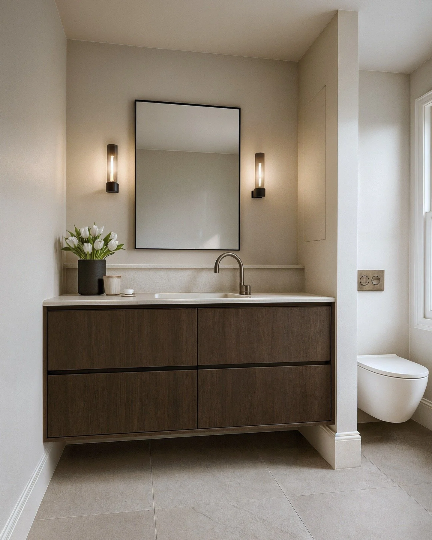 This ensuite renovation brings together aged brass, black metal accents, and natural textures for a refined yet grounded aesthetic. The warm timber vanity and soft stone tiles create a calming feeling.

BathroomDesign #EnsuiteGoals #MinimalInteriors 