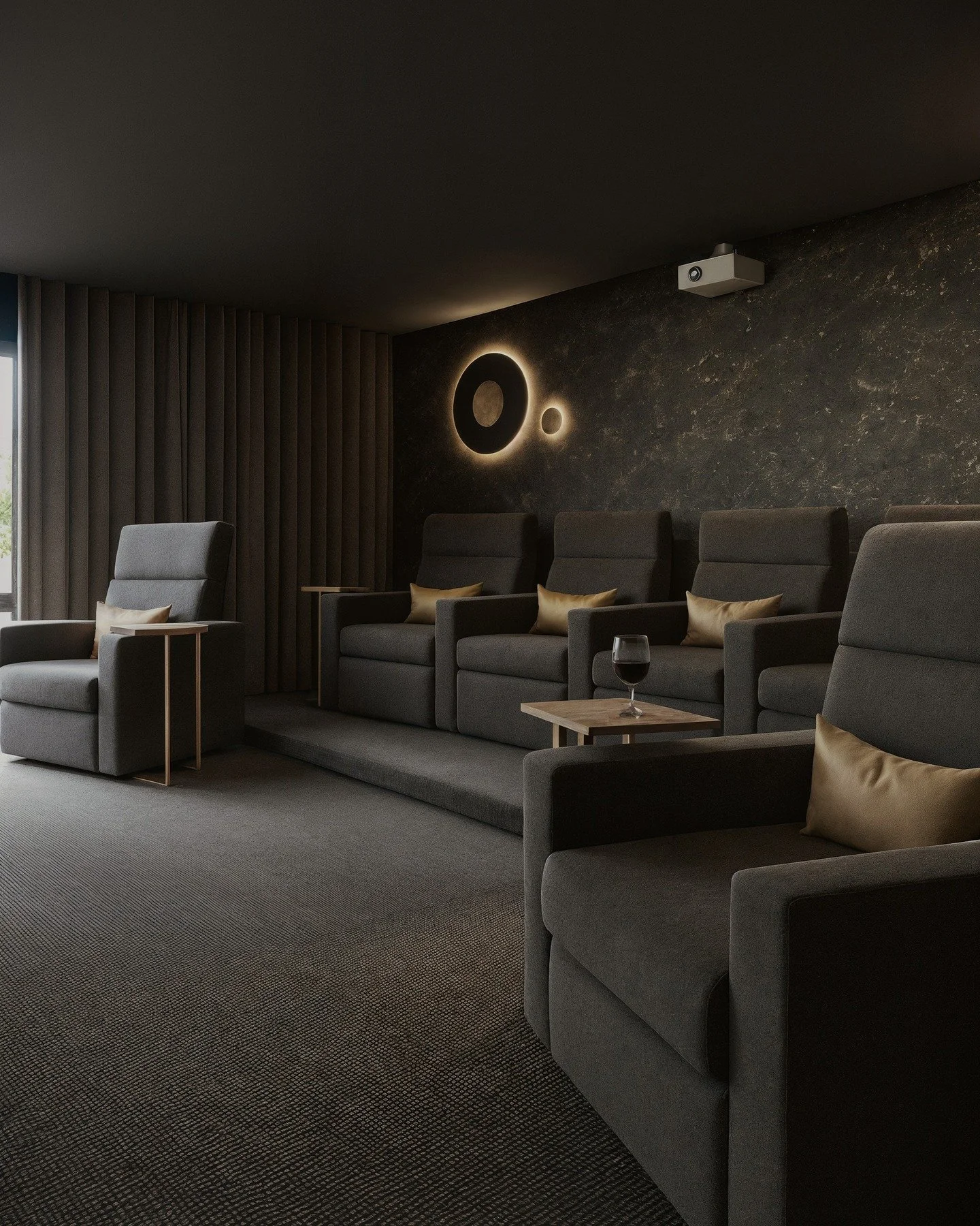 Upcoming project media room pairs rich textures, moody tones, and soft ambient lighting to deliver the ultimate home theatre experience.

#HomeCinema #InteriorDesign #LuxuryLiving #MediaRoom #HomeTheatre #DesignInspiration #ContemporaryDesign #Modern