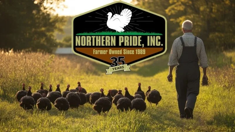 A farmer walks on a grassy path with a flock of turkeys in front. Above is a logo for Northern Pride, Inc., featuring a white turkey, the company name, a note of farmer ownership since 1989, and a badge celebrating 35 years.