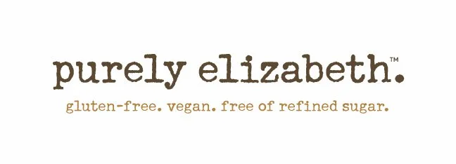 Logo with the text 'purely elizabeth' and the tagline 'gluten-free. vegan. free of refined sugar.'