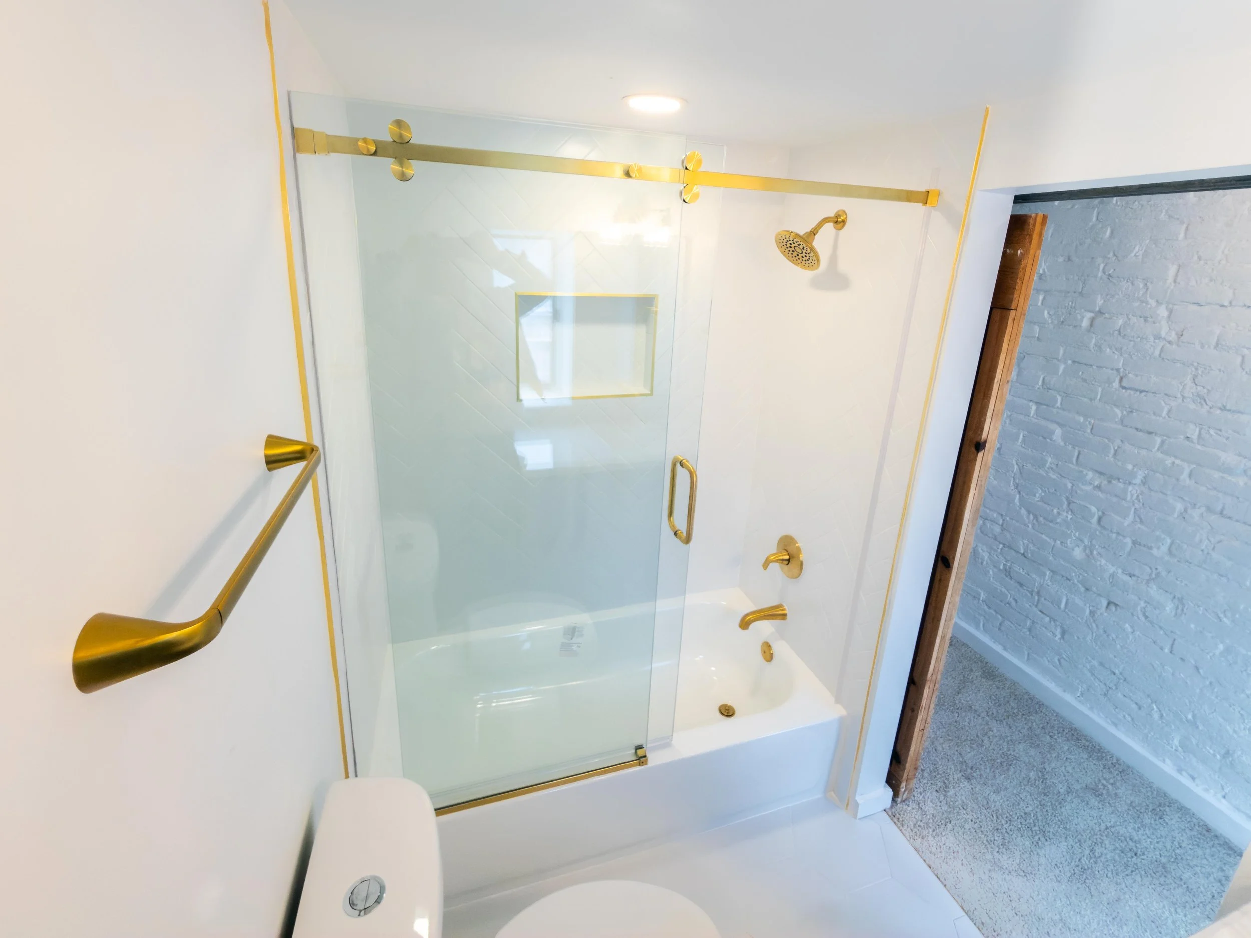 Barn Door, Custom glass door, shower niche, white subway tiles, luxury bathroom, New York  bathroom style, New Jersey bathroom remodeling, Maryland bathroom remodeling, luxury remodeling, Bathroom refresh.