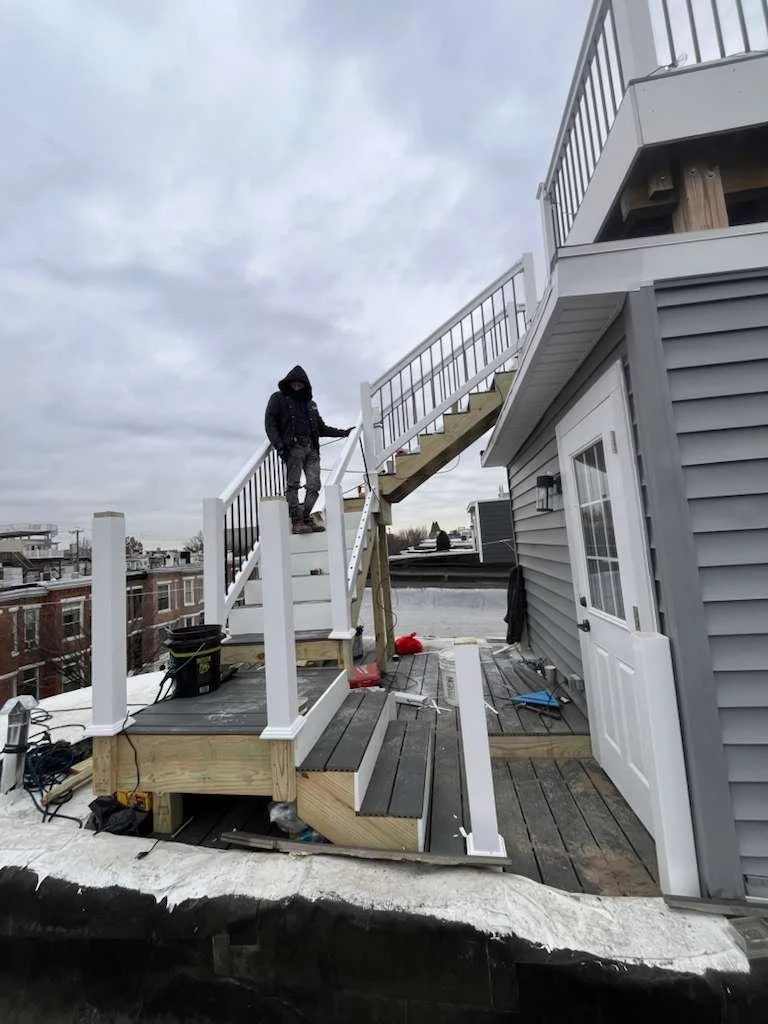 Custom Deck, Roof Deck, Vinyl Hand rails, composite boards, door deck, deck builder, deck engineering, deck builder in NYC, deck builder in Baltimore, Deck builder in New Jersey.