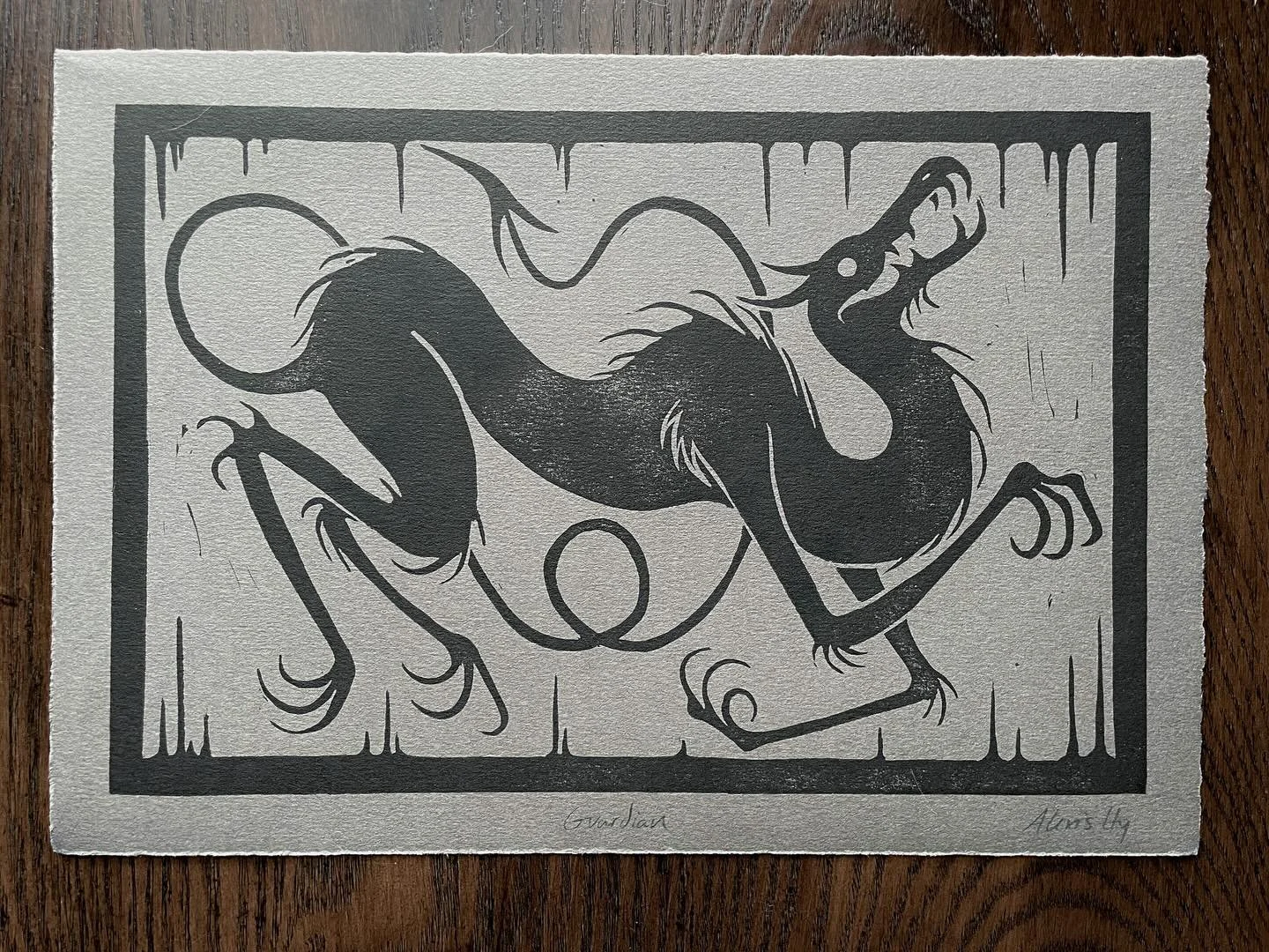&ldquo;Guardian&rdquo; 7&rdquo;x10&rdquo; linocut print. Grey paper was the vision, so most are printed onto grey, but I made some white too. 
#linocut #blockprint #reliefprint
