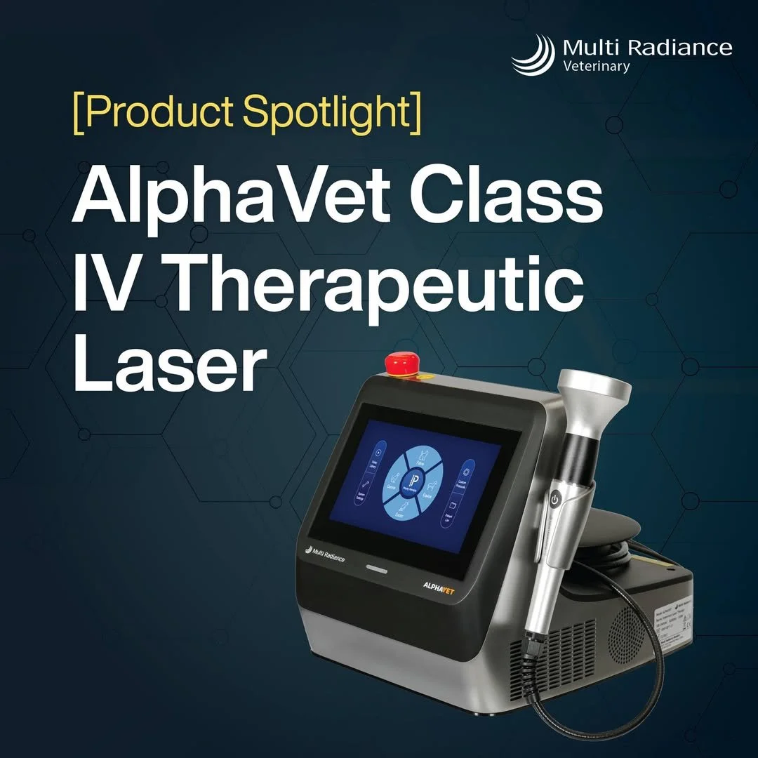 A promotional image for Multi Radiance Veterinary featuring the AlphaVet Class IV Therapeutic Laser, which has a touchscreen display and a handheld laser device attached to a base unit.