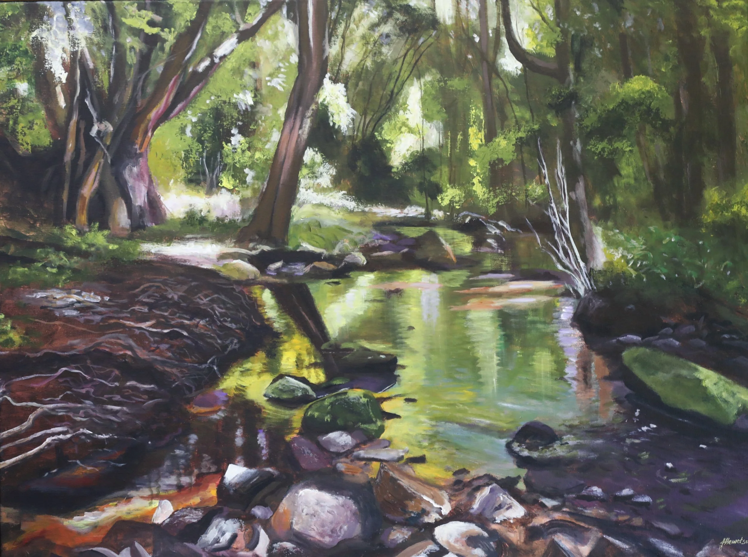 A peaceful landscape painting of a forest stream with green foliage, rocks, and tall trees reflected in the water.