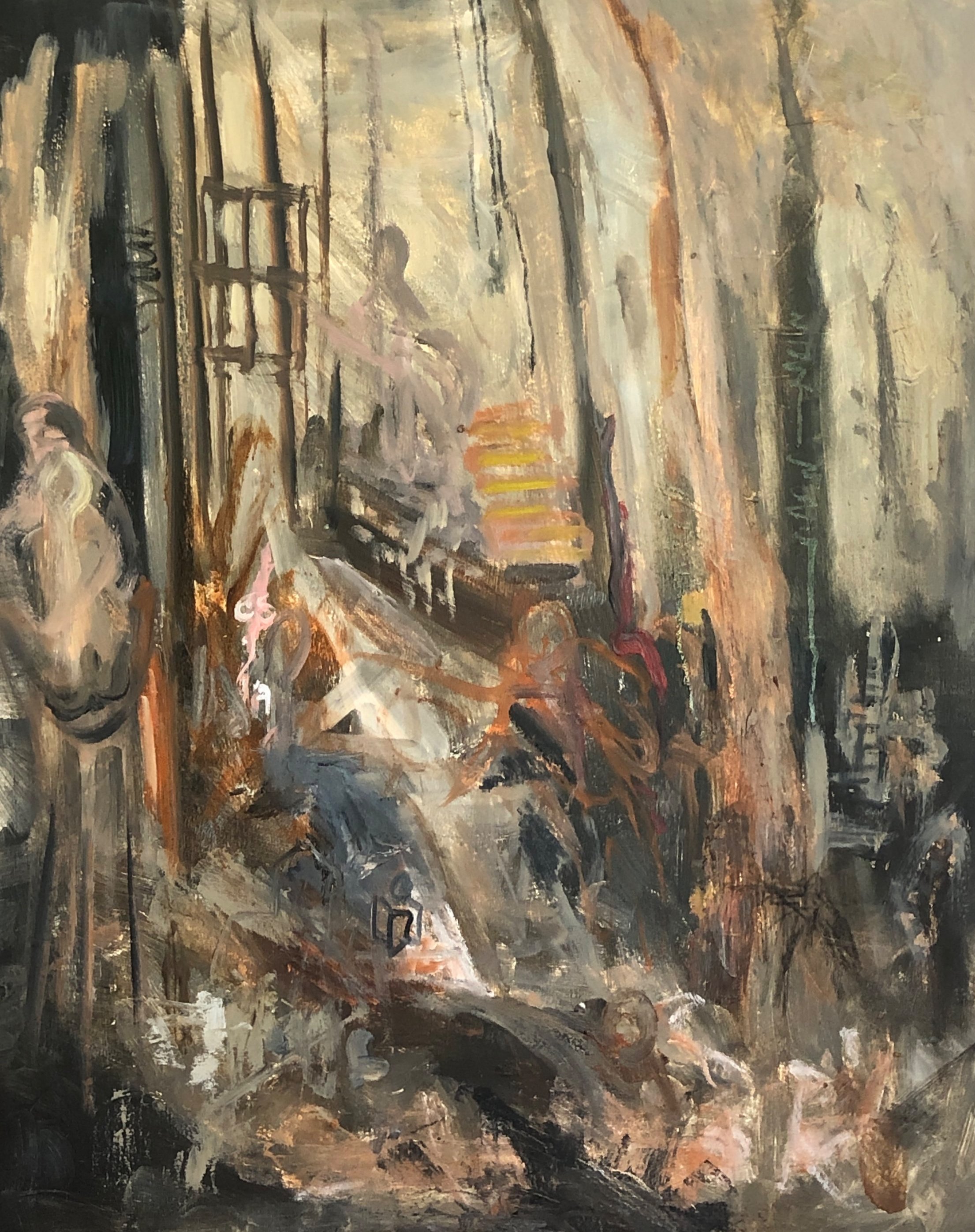 An abstract painting of a construction site featuring a pile of debris, construction equipment, and construction signs.