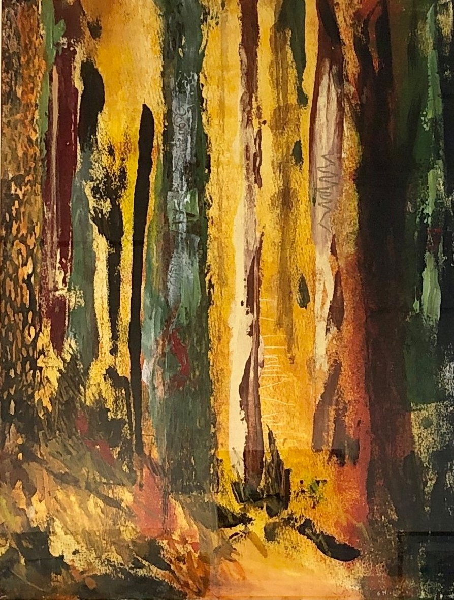 Abstract painting of a forest scene with yellow, brown, green, and black colors and a small black boat at the bottom center.