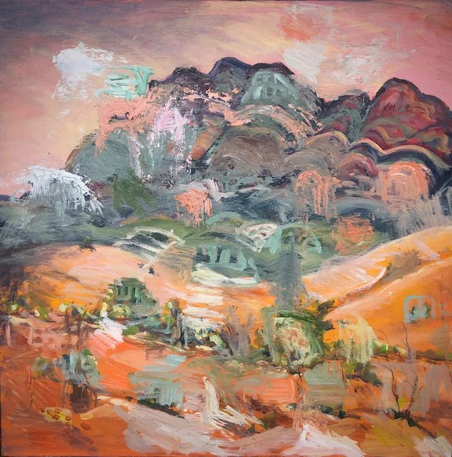 Abstract landscape painting of mountains, trees, and a pink sky using loose, colorful brushstrokes.