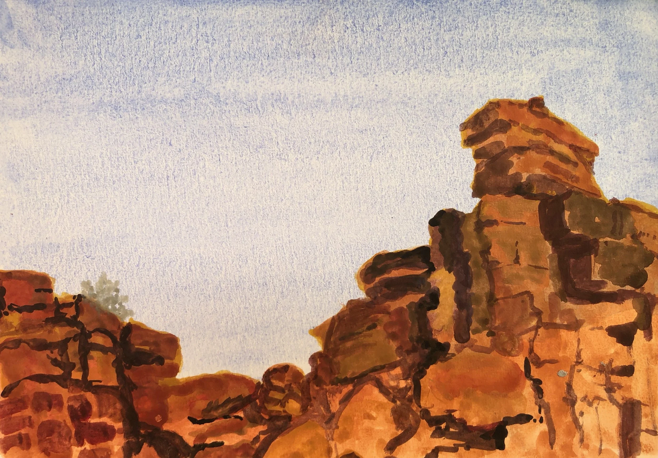 Watercolor painting of a desert landscape with large rock formations and sparse vegetation.
