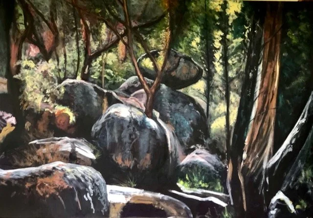 A watercolor painting of a forest scene with large rocks, trees, and sunlight filtering through the foliage.