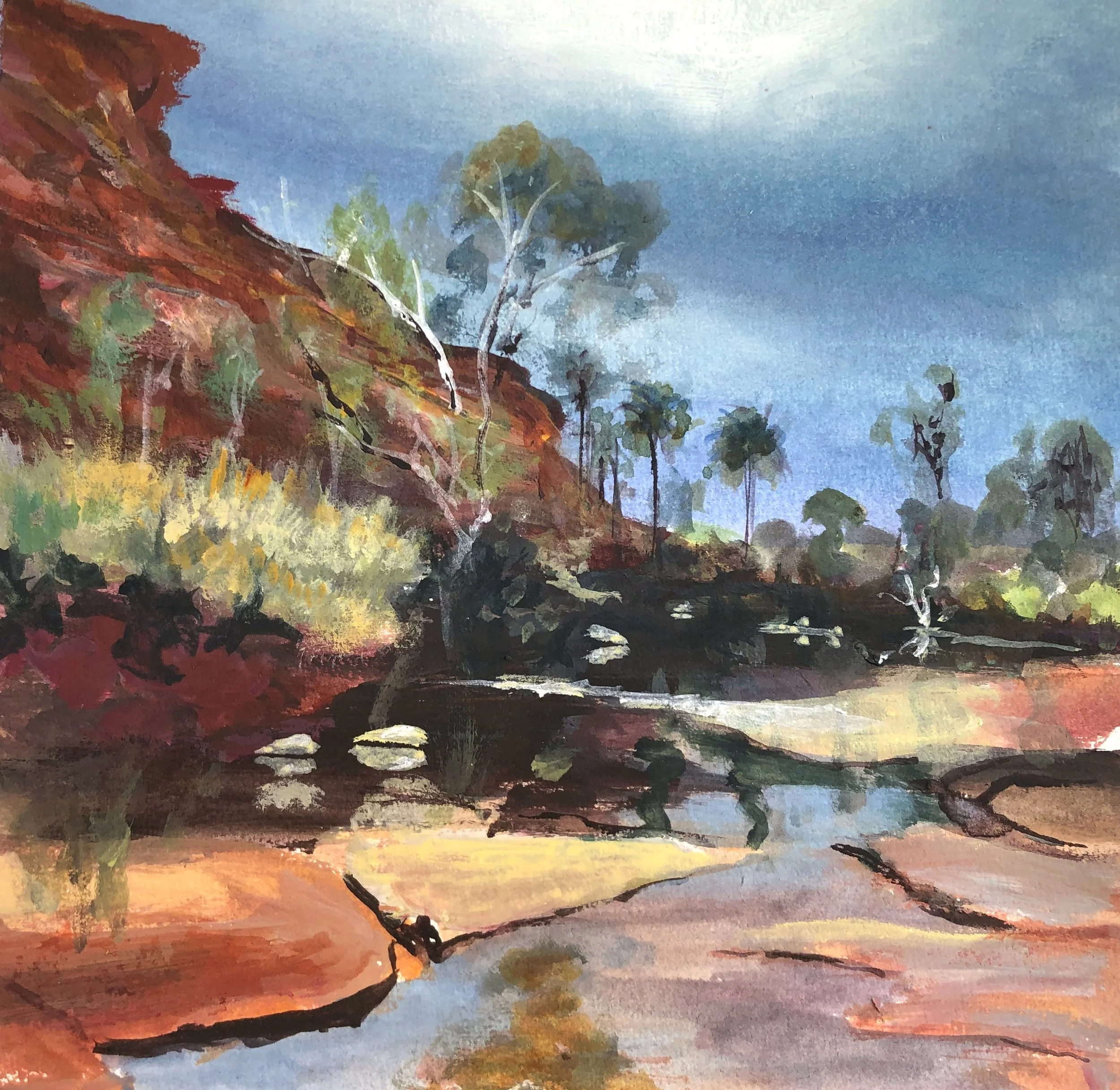A watercolor painting of a natural landscape with a river, trees, and a rocky hillside under a cloudy sky.