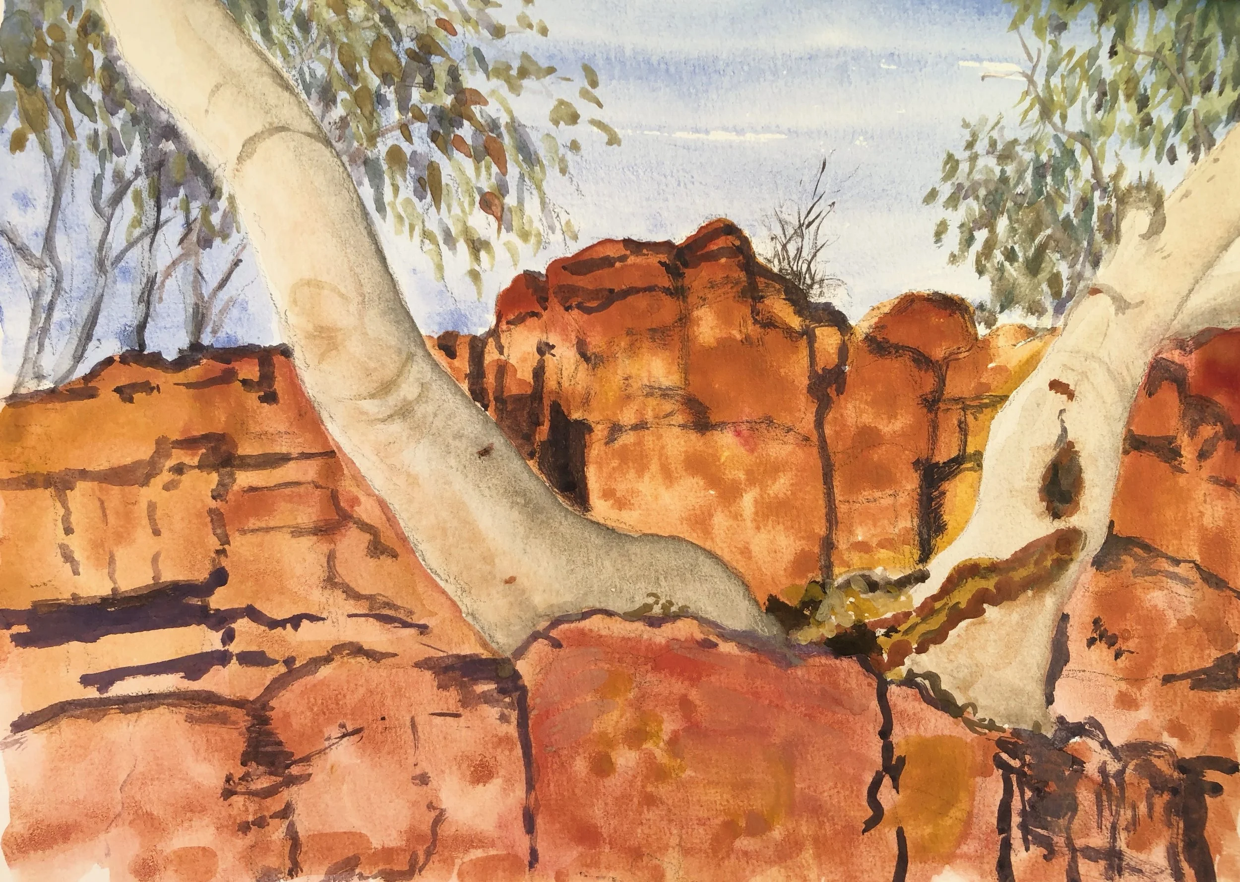 Watercolor painting of red rock formations with a white-barked tree in the foreground and distant trees and sky in the background.