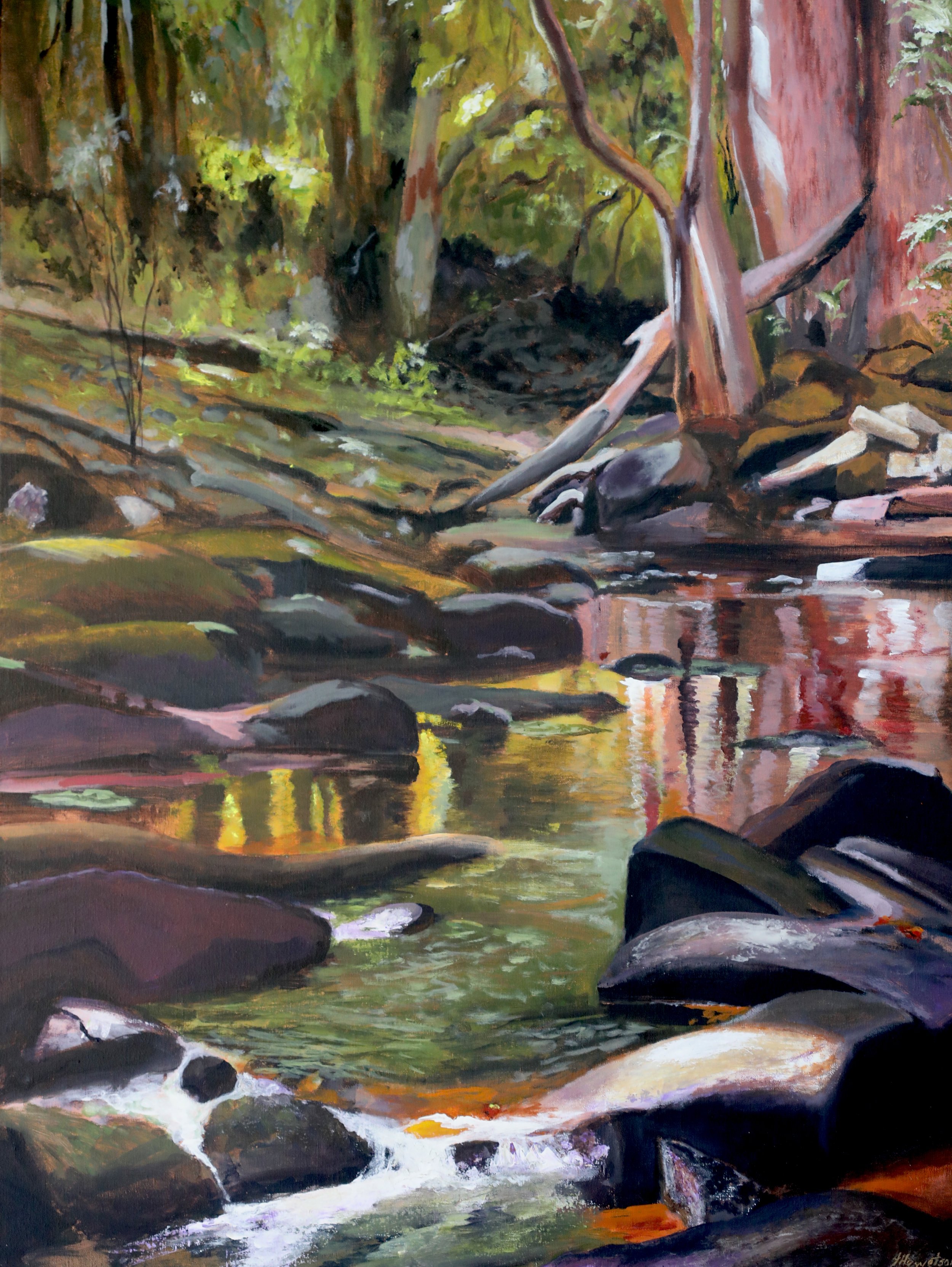 A painted landscape of a forest with a small creek flowing through rocks, surrounded by trees and greenery.