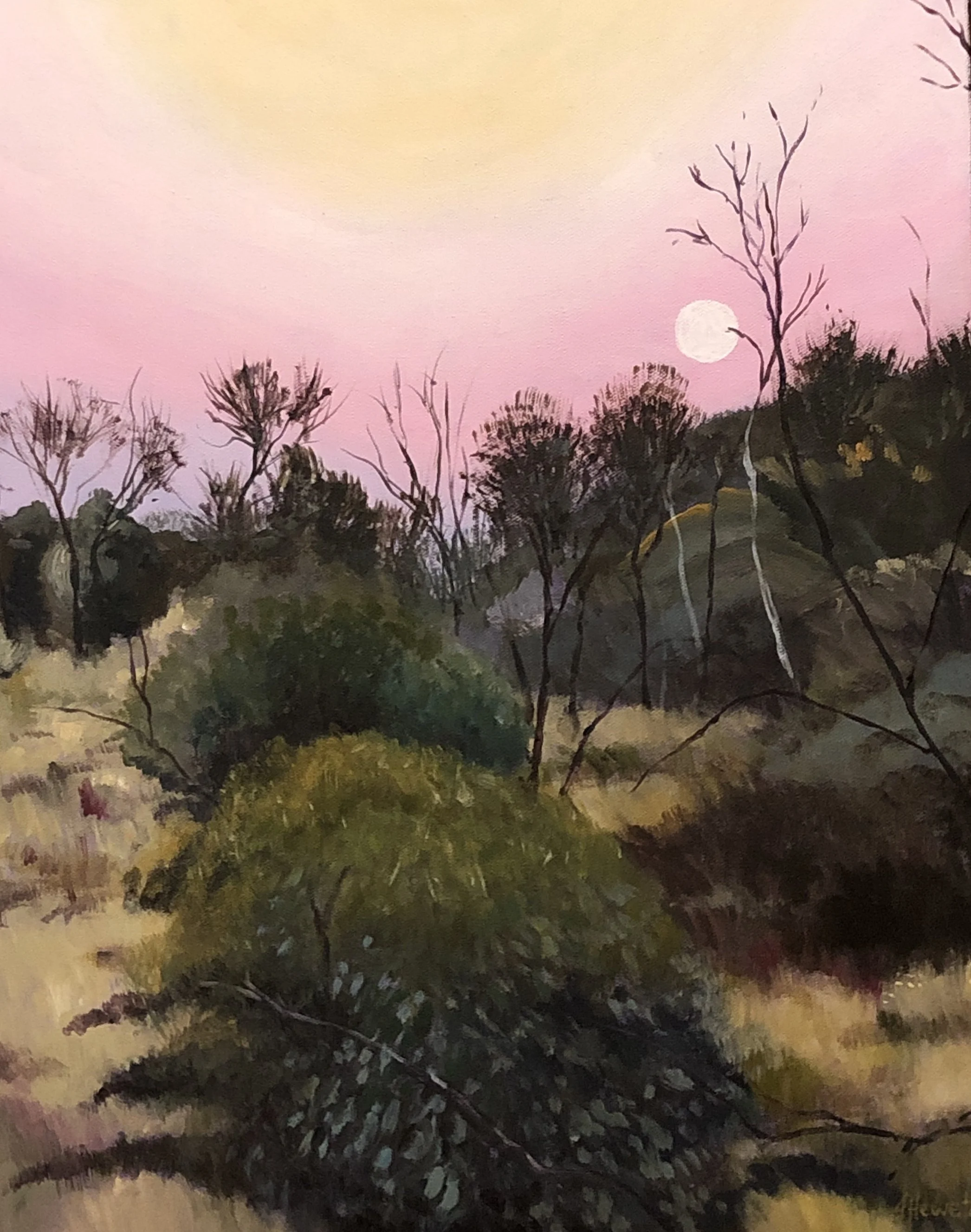 A painting of a landscape scene at dusk, with a pink and yellow sky, a full moon, and silhouetted trees and bushes.
