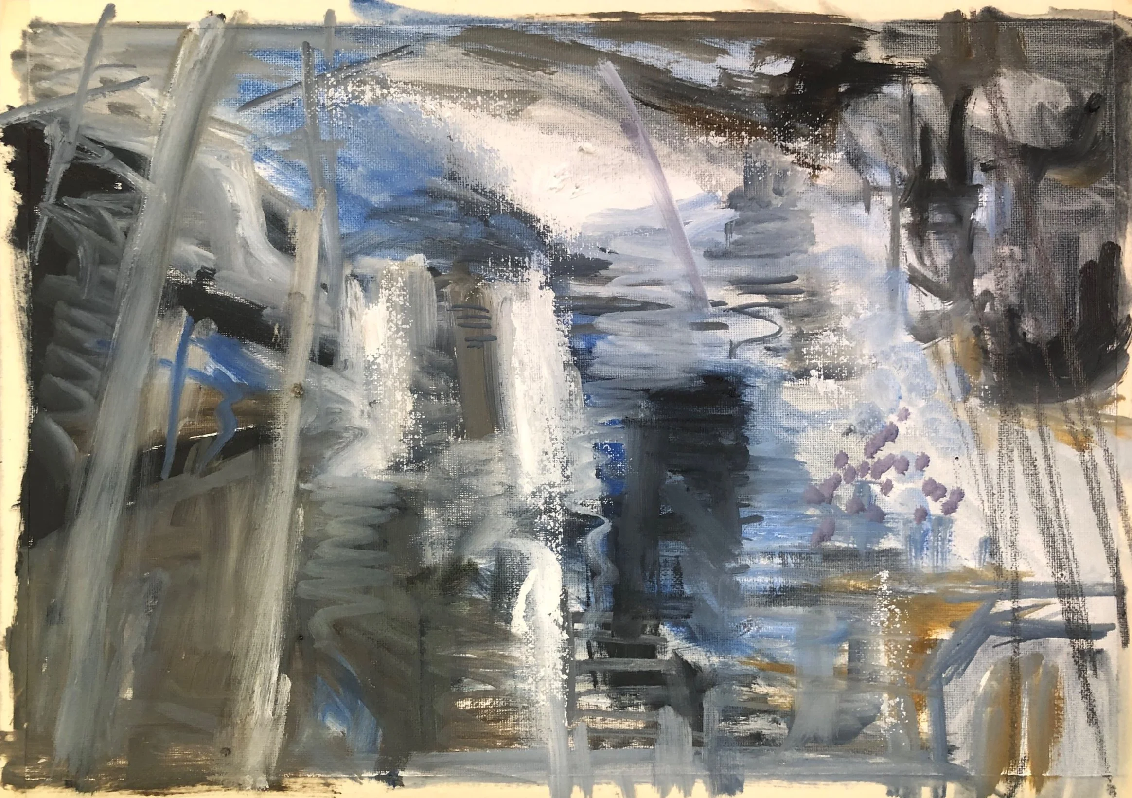 Abstract painting with bold brushstrokes in gray, black, white, blue, and hints of purple and brown.