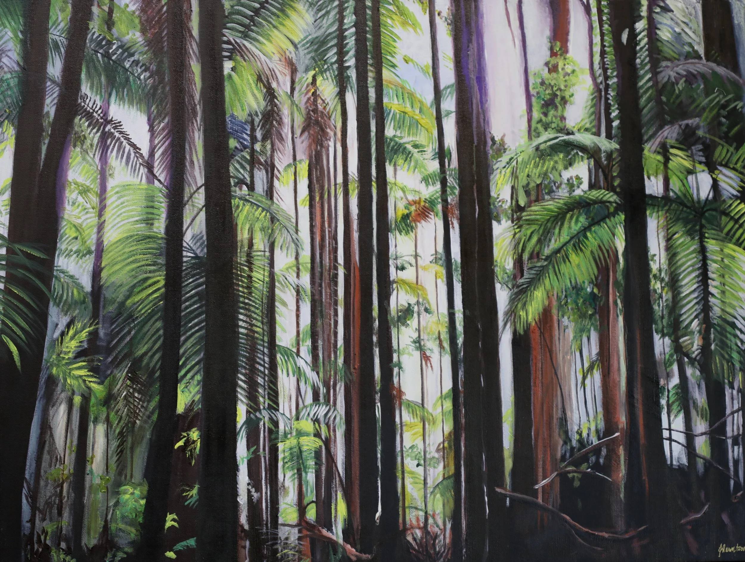 A painting of a lush tropical rainforest with tall trees and dense greenery, including large palm leaves and ferns.