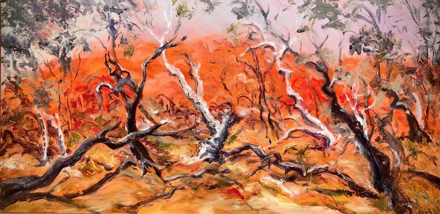 An abstract painting of trees with twisted branches against a vibrant orange and pink sky.