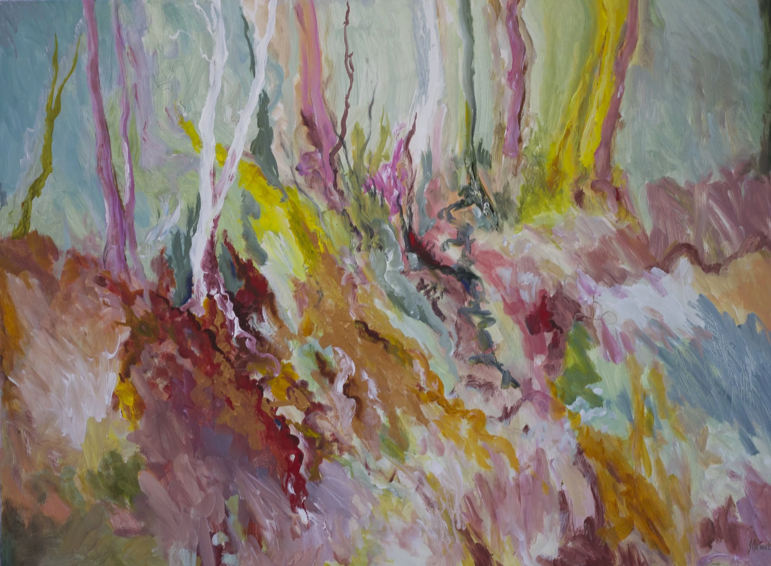 Abstract painting of a forest scene with vibrant colors, featuring trees and foliage in pink, yellow, green, white, and blue.