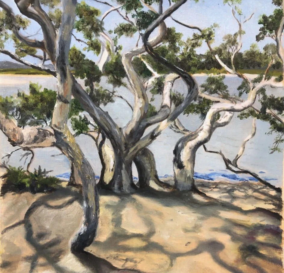 Painting of twisted, leafless trees near a body of water under a blue sky with some clouds.