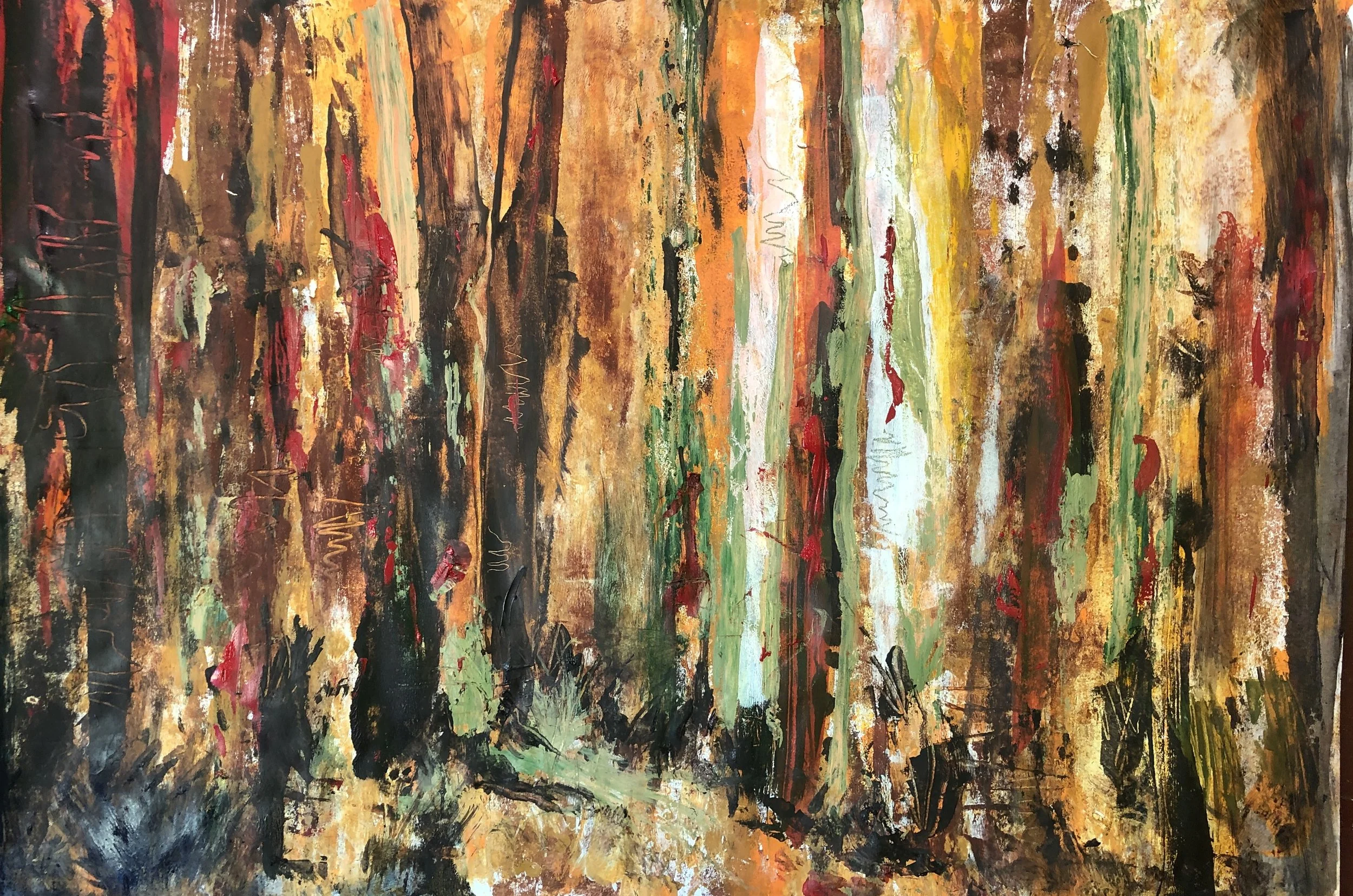 Abstract painting of a forest with tall trees in warm fall colors, including orange, yellow, brown, green, and black.