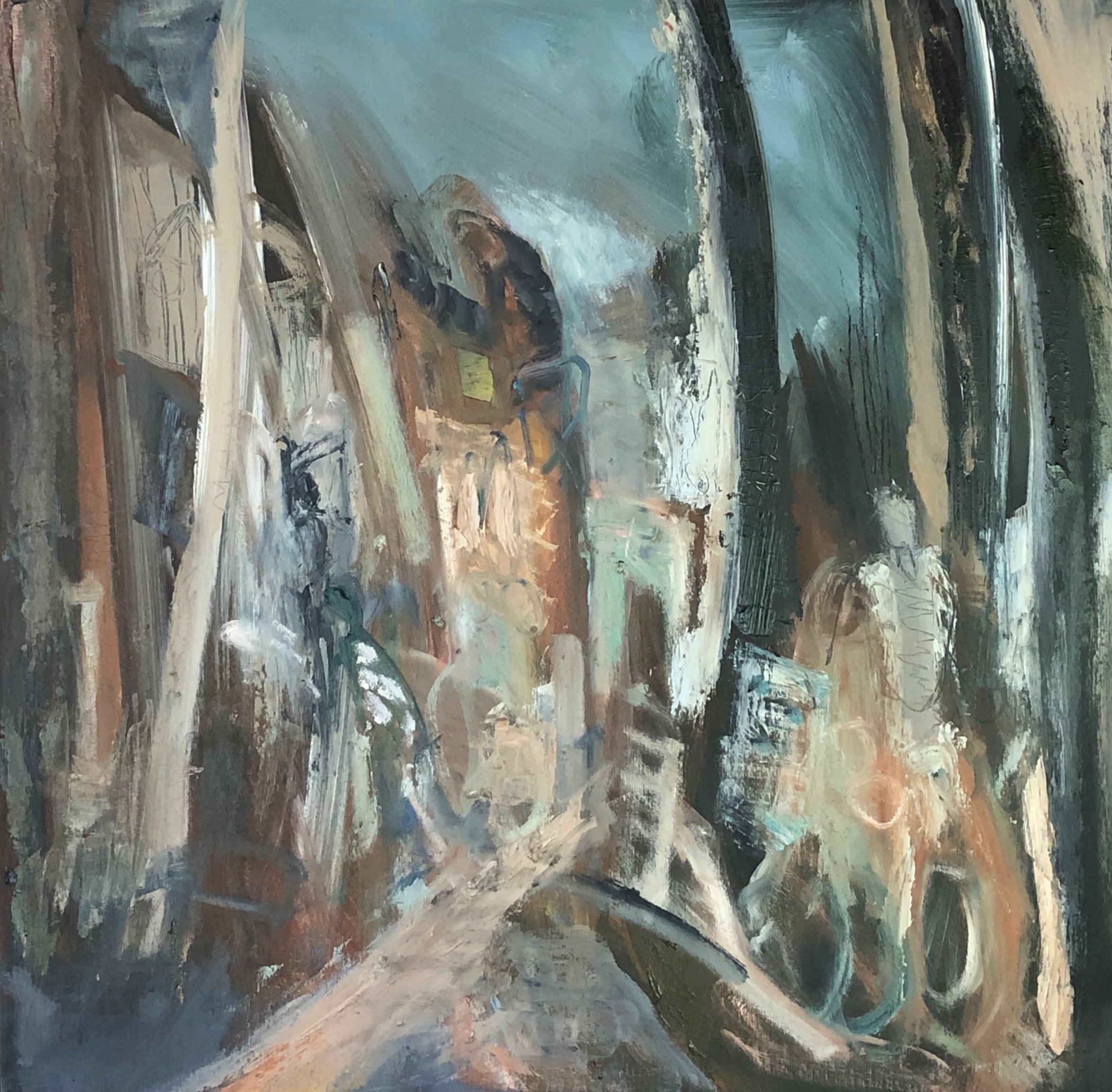 Abstract painting with earthy tones, featuring various shapes and brushstrokes, including what appears to be a wheel or circular shape towards the right side.