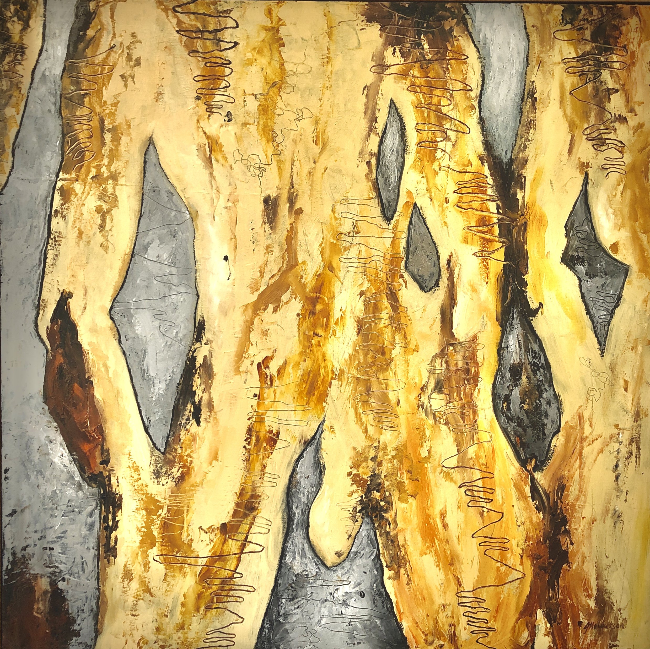 Abstract painting featuring interwoven yellow, black, gray, and brown shapes with swirling lines and textured surfaces.