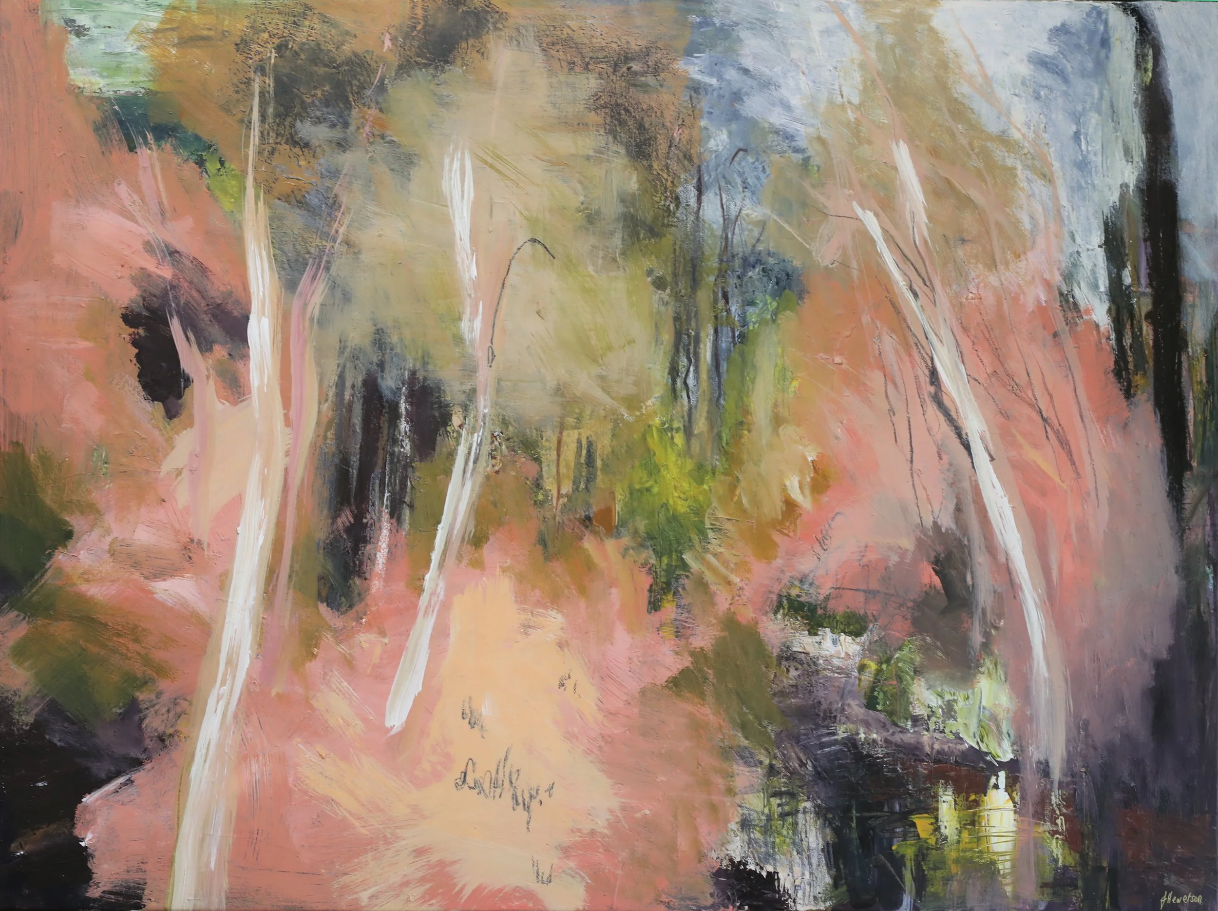Abstract painting of trees with pink, green, blue, and black colors and visible brushstrokes.