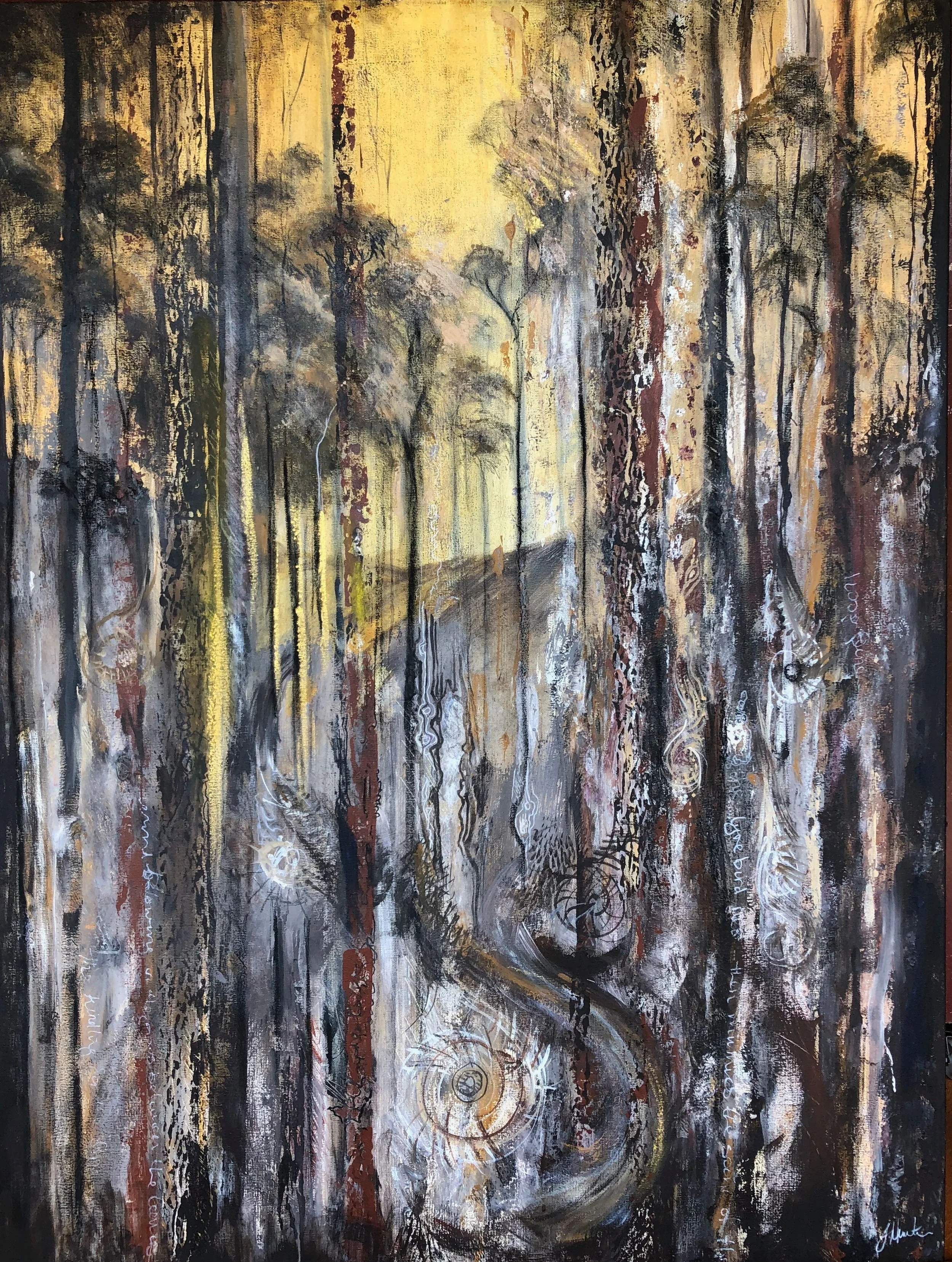 An abstract painting of a forest scene with tall trees, a winding path, and swirling designs in warm earth tones like yellow, brown, black, and white.