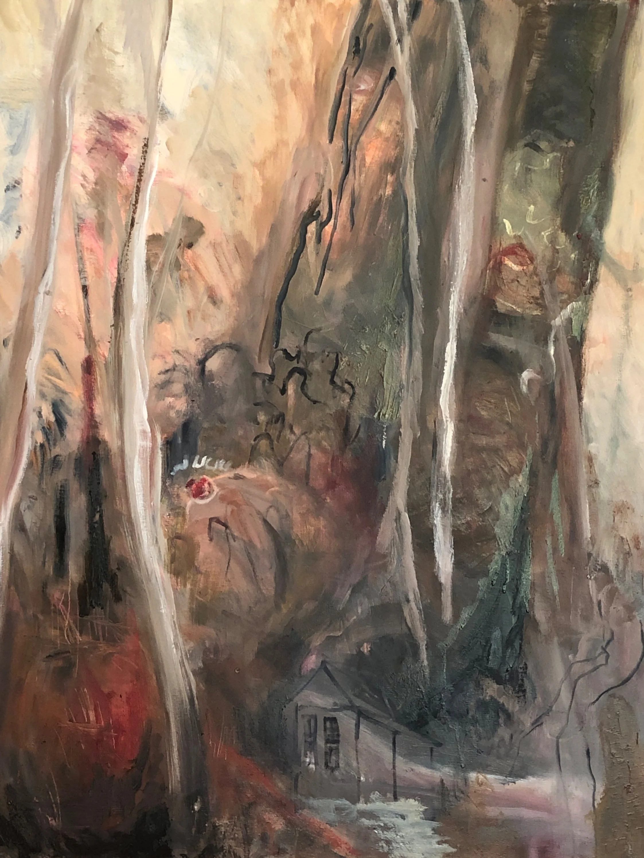 Abstract painting with swirling earthy tones, hints of pink, black, and green, depicting large tree-like forms and a small house at the bottom.