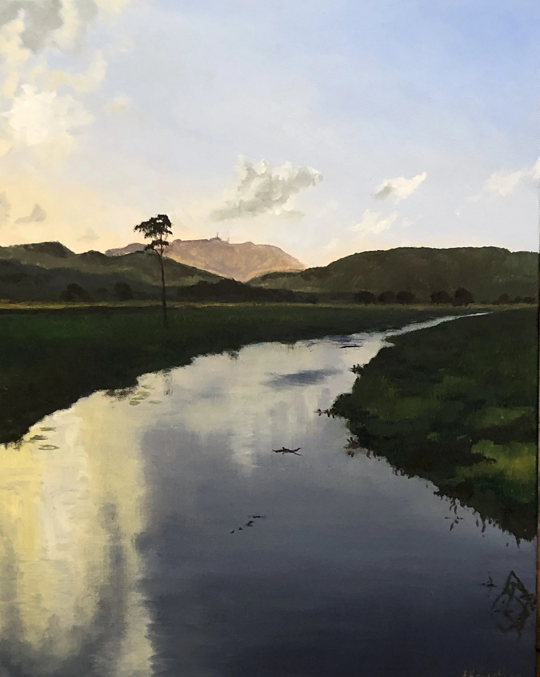 A landscape painting depicting a river flowing through green fields with rolling hills in the background and a tree near the riverbank, under a partly cloudy sky.