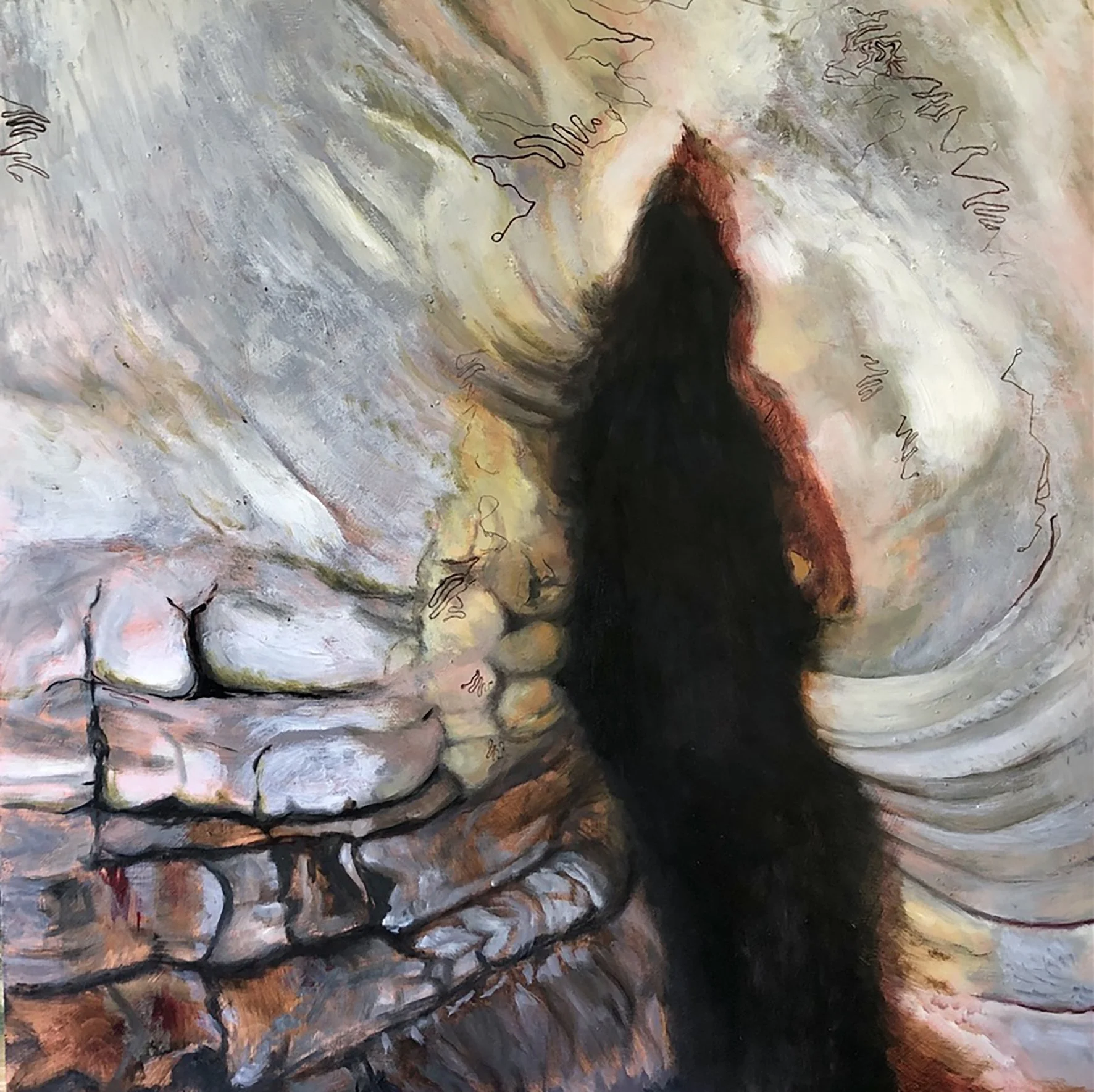 Abstract painting of a human skull with a dark silhouette of a person or creature against a swirl of pastel colors and skeletal features.