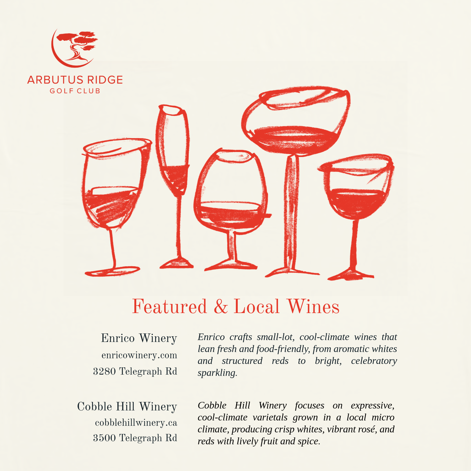 Local Cowichan Valley Wine Features at Arbutus Ridge Golf Club