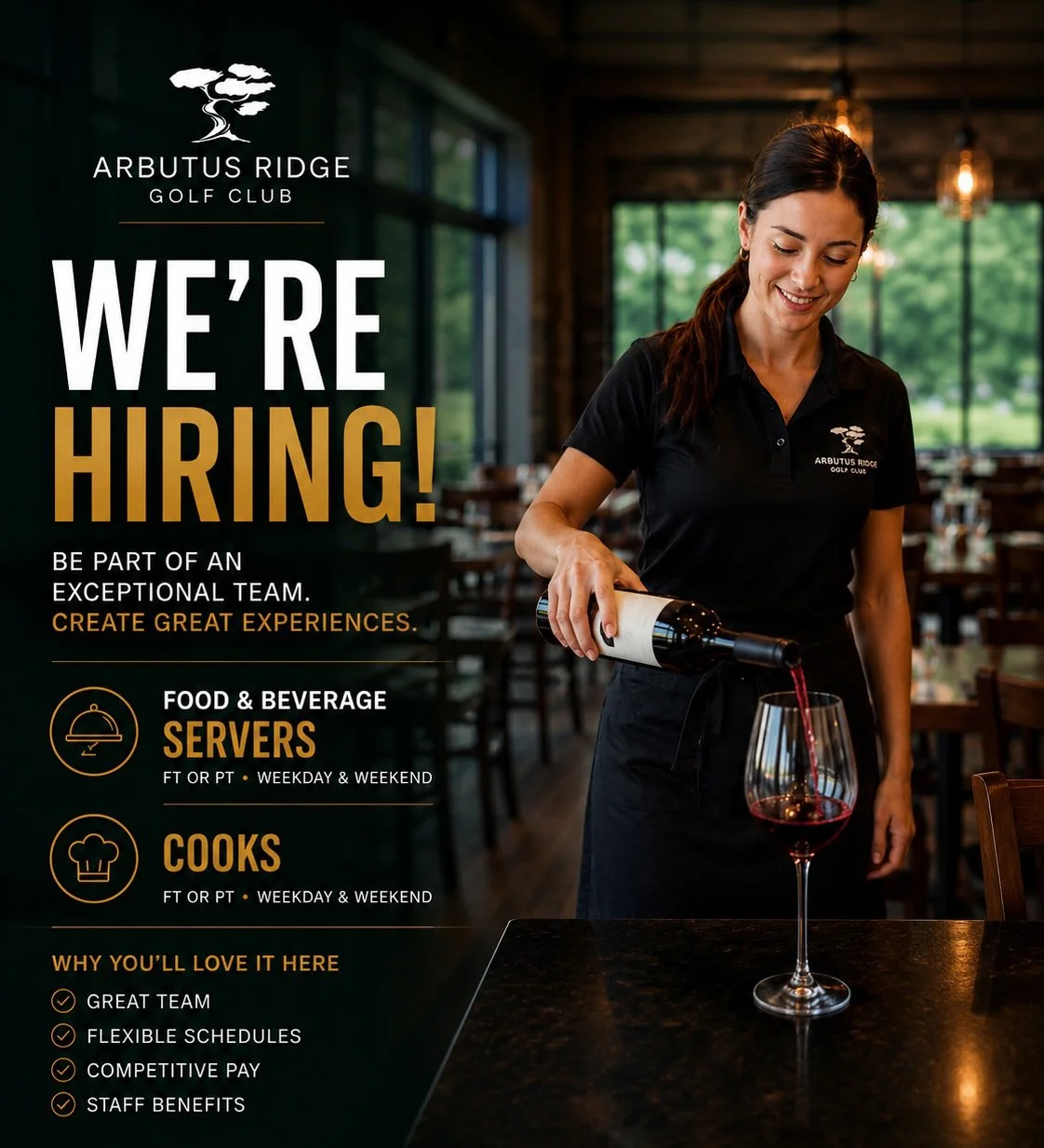 Now Hiring Cooks & Servers at Arbutus Ridge Golf Club in Cobble Hill BC, Vancouver Island