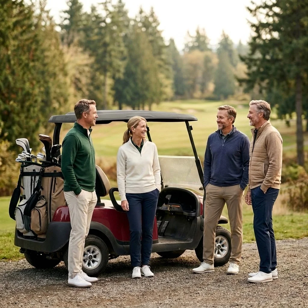 Four golfers chatting beside a burgundy-red golf cart, with golf bags and a softly blurred course in the background.