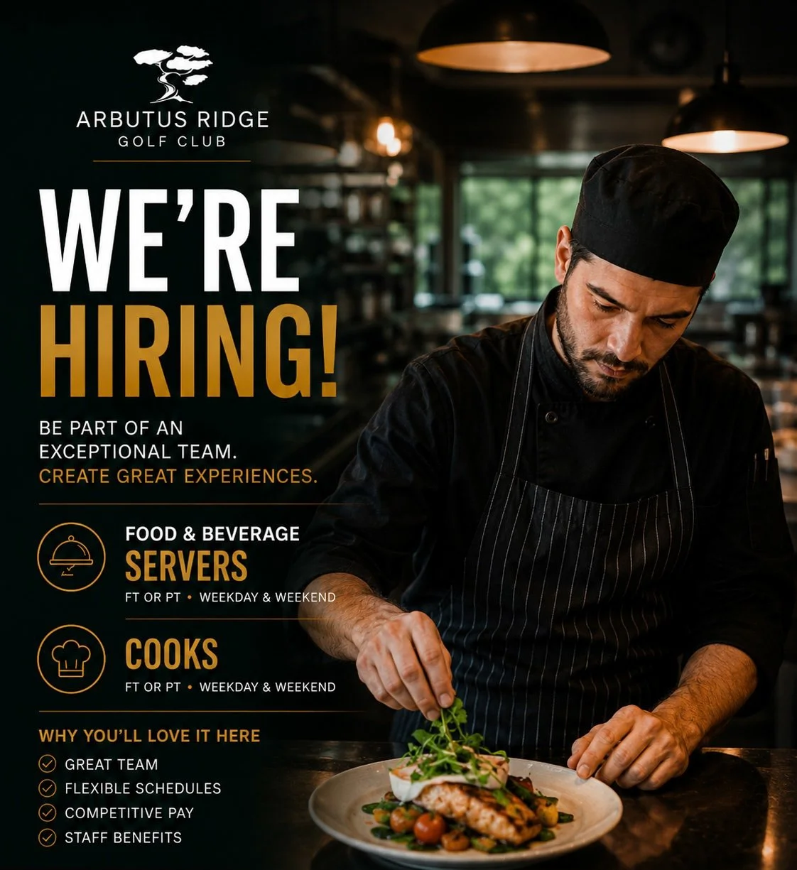 Now Hiring Cooks & Servers at Arbutus Ridge Golf Club in Cobble Hill BC, Vancouver Island