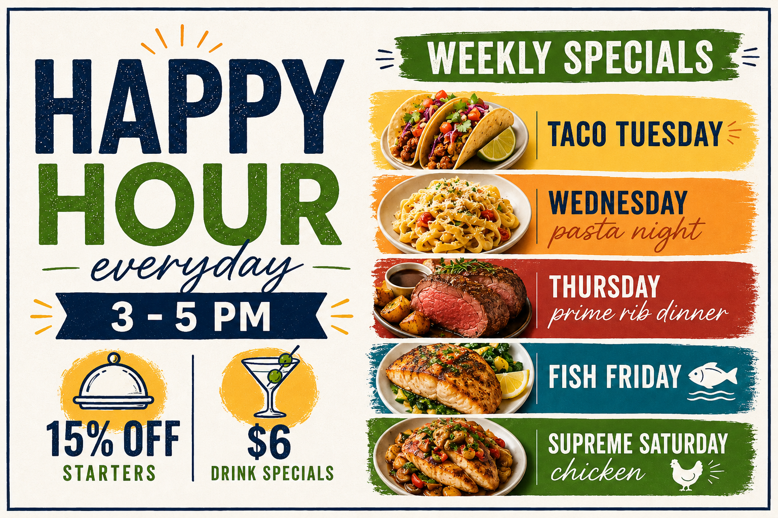 Weekly specials menu offering happy hour from 3 to 5 pm every day with discounts on starters and drink specials. The specials include Taco Tuesday, Wednesday pasta night, Thursday prime rib dinner, Fish Friday, and Supreme Saturday chicken, each with a corresponding image of the dish and colorful background.