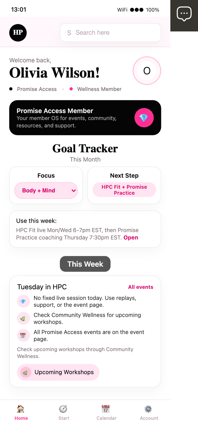 Promise Access app home screen showing member goal tracker, weekly support, and events