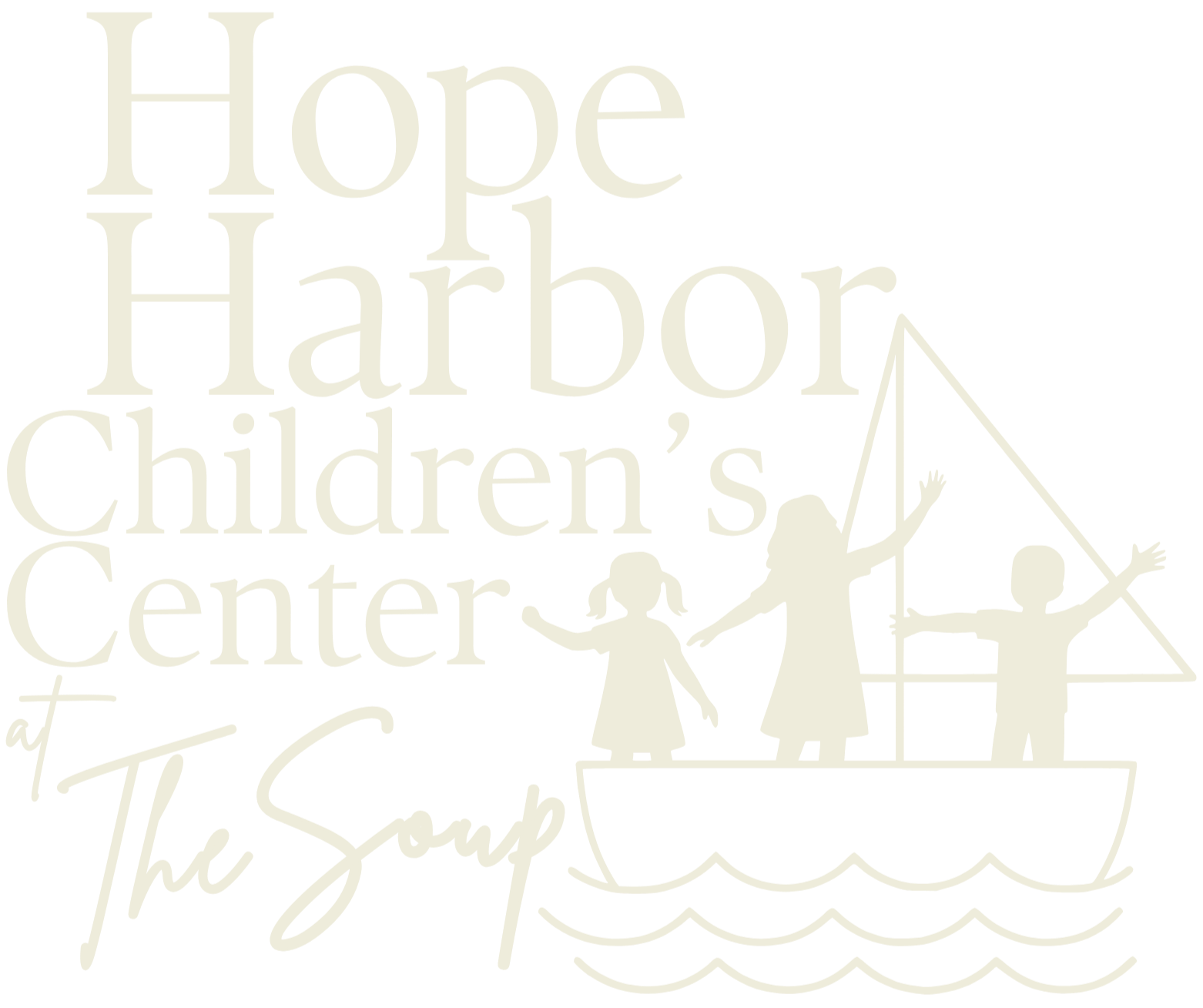 Text reading 'Hope Harbor Children's Center at The Soup' with a line drawing of a girl and boy on a boat holding hands.