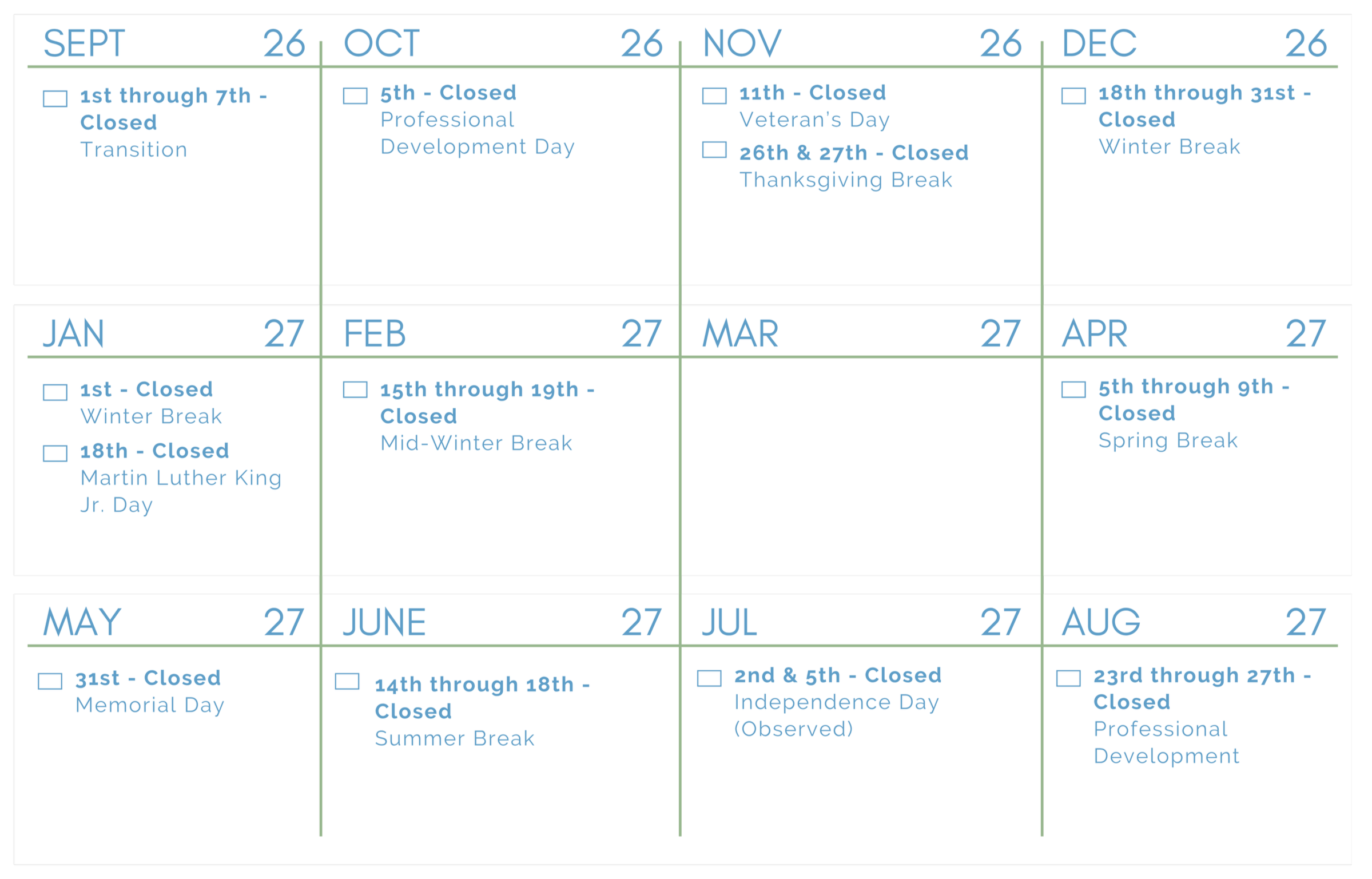 School calendar with dates and events from September to August, including holidays and breaks such as winter, spring, summer, and Thanksgiving.