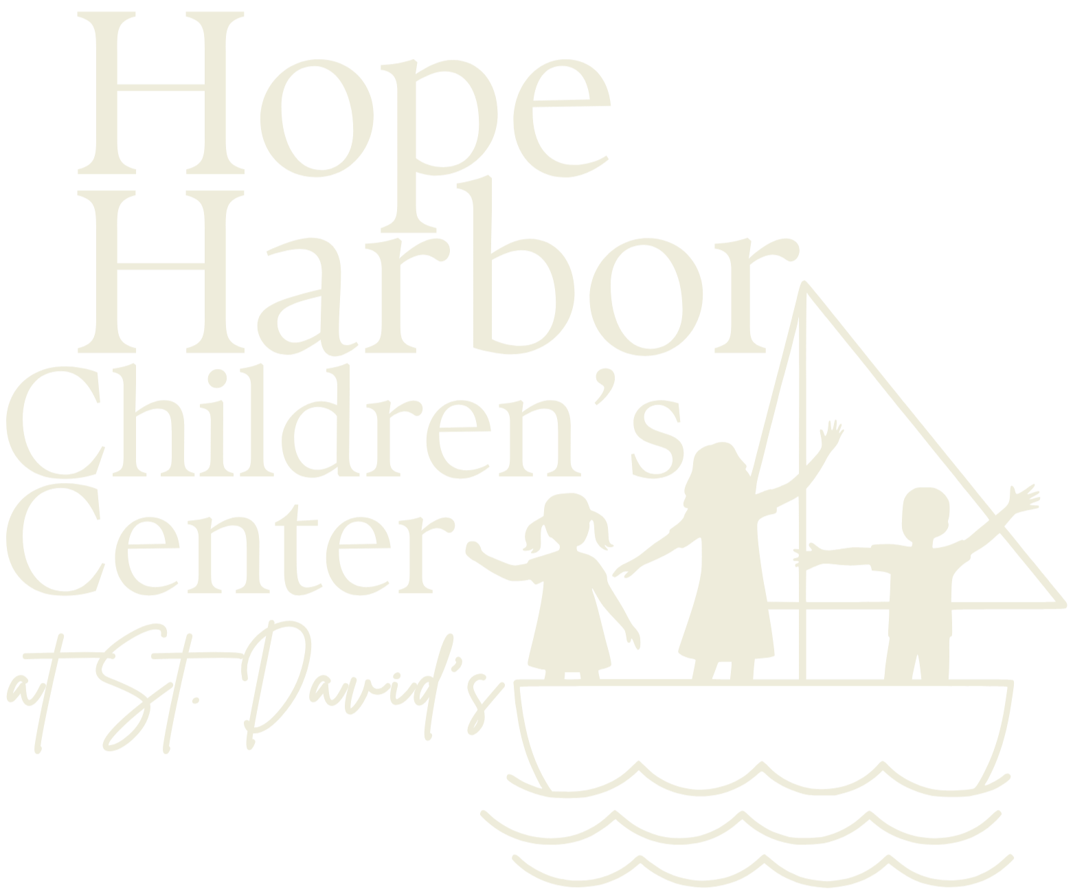 A logo for Hope Harbor Children's Center at St. David's. It features a silhouette of a boat with children, with water below and a triangular sail on the boat.