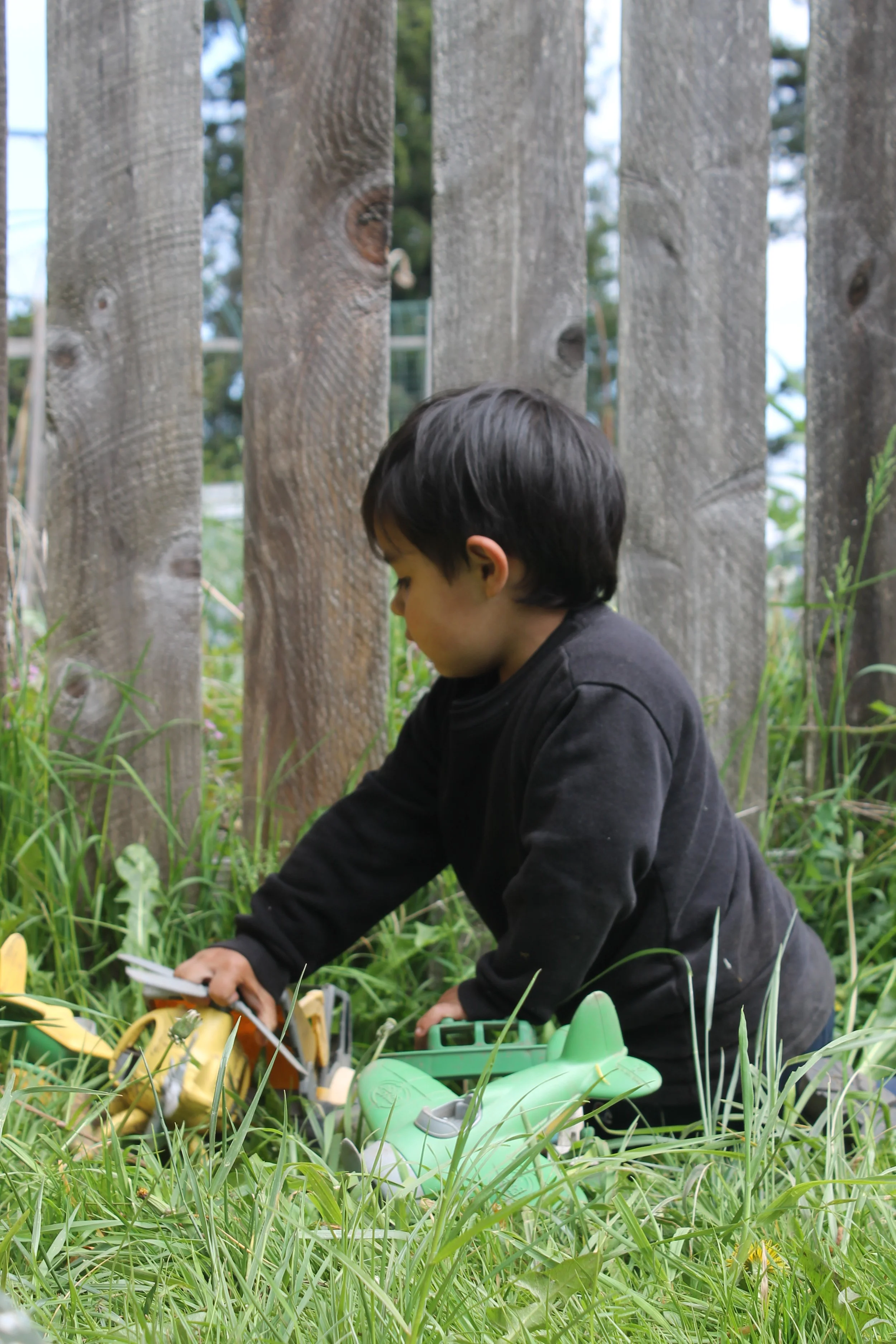 A young boy with dark hair wearing a black long sleeve shirt, kneeling in a grassy area surrounded by plants and trees, playing with toy cars.