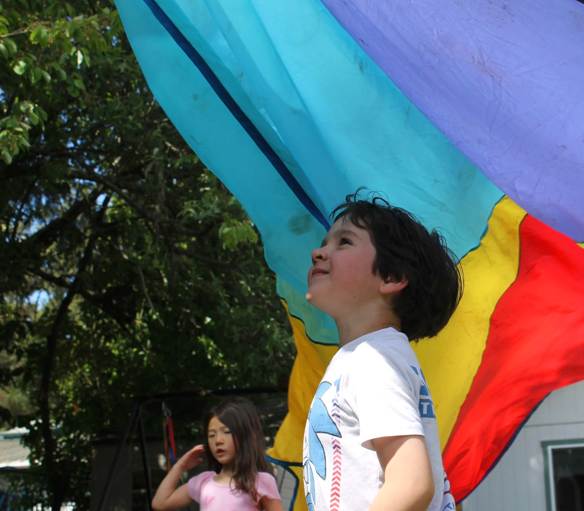 Children outdoors, one boy with dark curly hair smiling, wearing a white shirt with blue and red design, and a girl with long brown hair in a pink shirt in the background, under a grassy tree, a colorful rainbow parachute is partially visible.