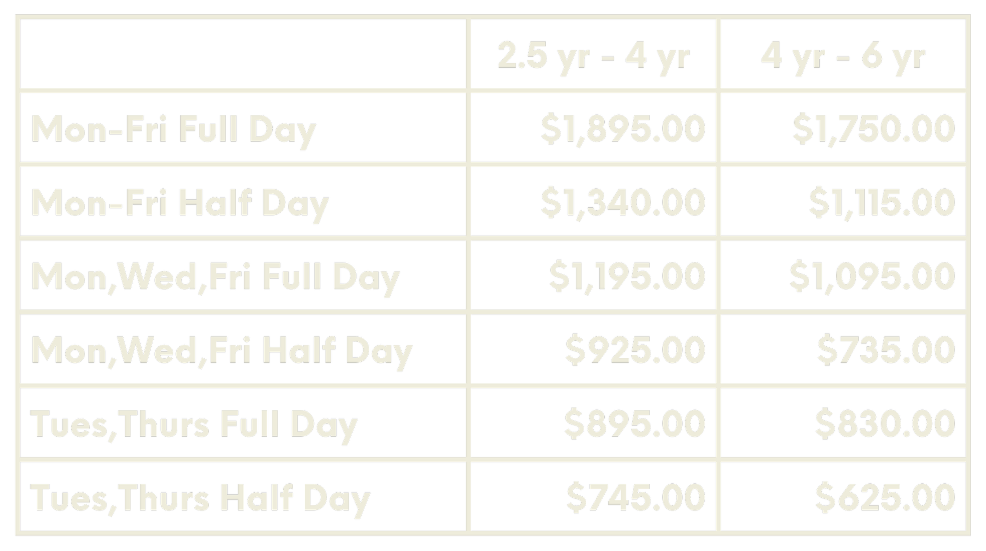 Table listing service hours and prices for different days and times, including full day and half day options.
