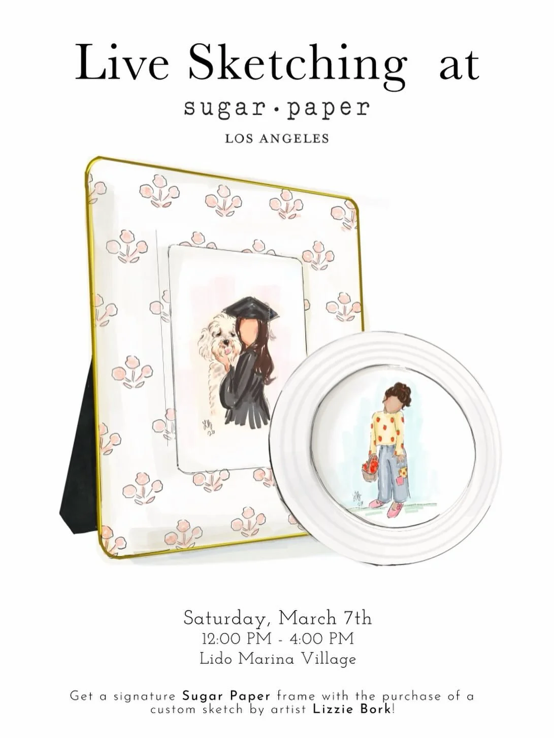 🌸✏️Spring Sketching Returning to Sugar Paper Lido

Join me on March 7th for live custom portraits, each complete with a signature Sugar Paper LA frame, a timeless keepsake of your favorite people and moments. Perfect for families, friends, little on