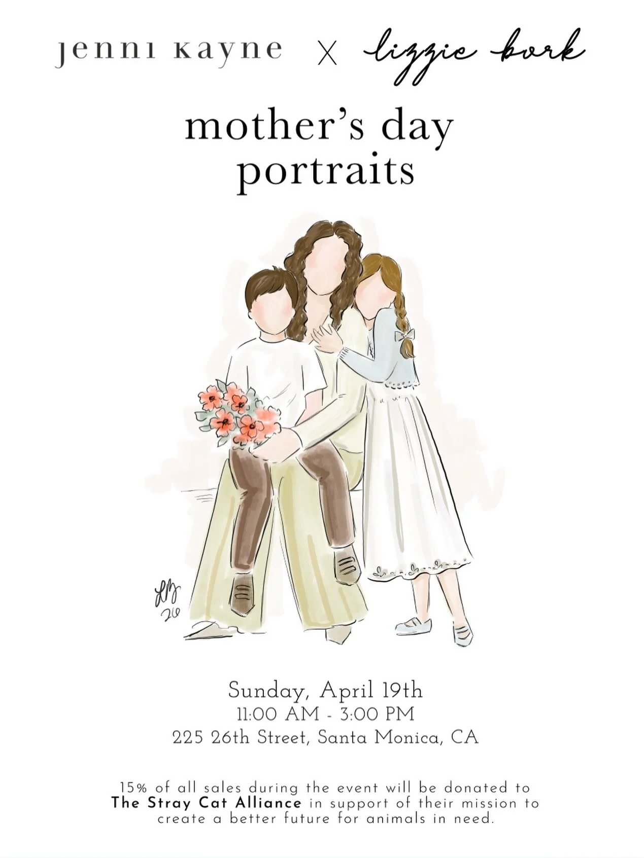 Mother&rsquo;s Day Portraits at Jenni Kayne 🤍✨

Celebrate Mom (or yourself!) with a custom live portrait&mdash;sweet, sentimental, and the perfect keepsake 💐

I&rsquo;ll be sketching in partnership with Stray Cat Alliance, and 15% of proceeds will 