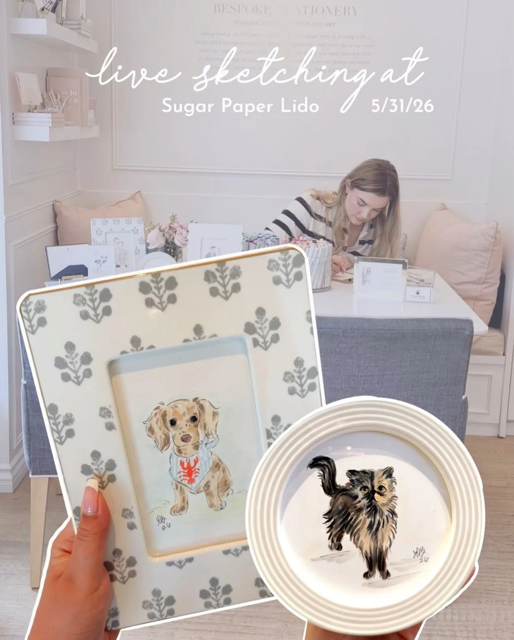 What happens when you combine beautiful stationery, waterfront views, and live sketching? ✏️🤍

This weekend, I had the pleasure of sketching at @sugarpaperla&rsquo;s Lido Village store, creating custom portraits for guests surrounded by thoughtfully