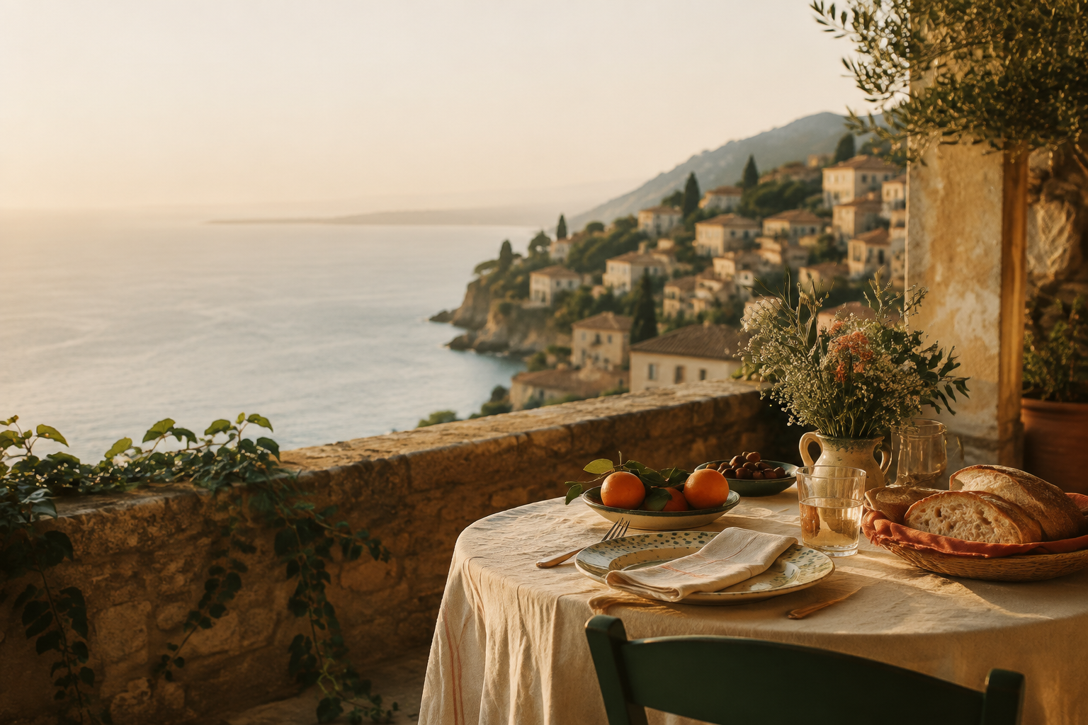 A cozy outdoor dining setup on a terrace overlooking the sea and hillside houses at sunset, featuring a table with a floral centerpiece, bread, fruit, and water glasses.